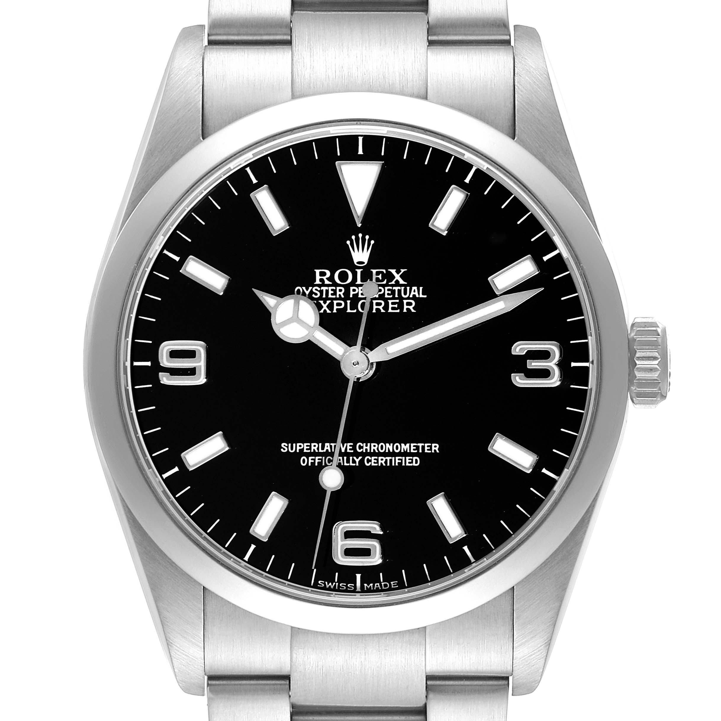 The image shows a front view of the Rolex Explorer 114270 Men
s Stainless Steel Black Dial 114270 Men
s Stainless Steel Black Dial watch, highlighting its black dial, hour markers, hands, and stainless steel bracelet.