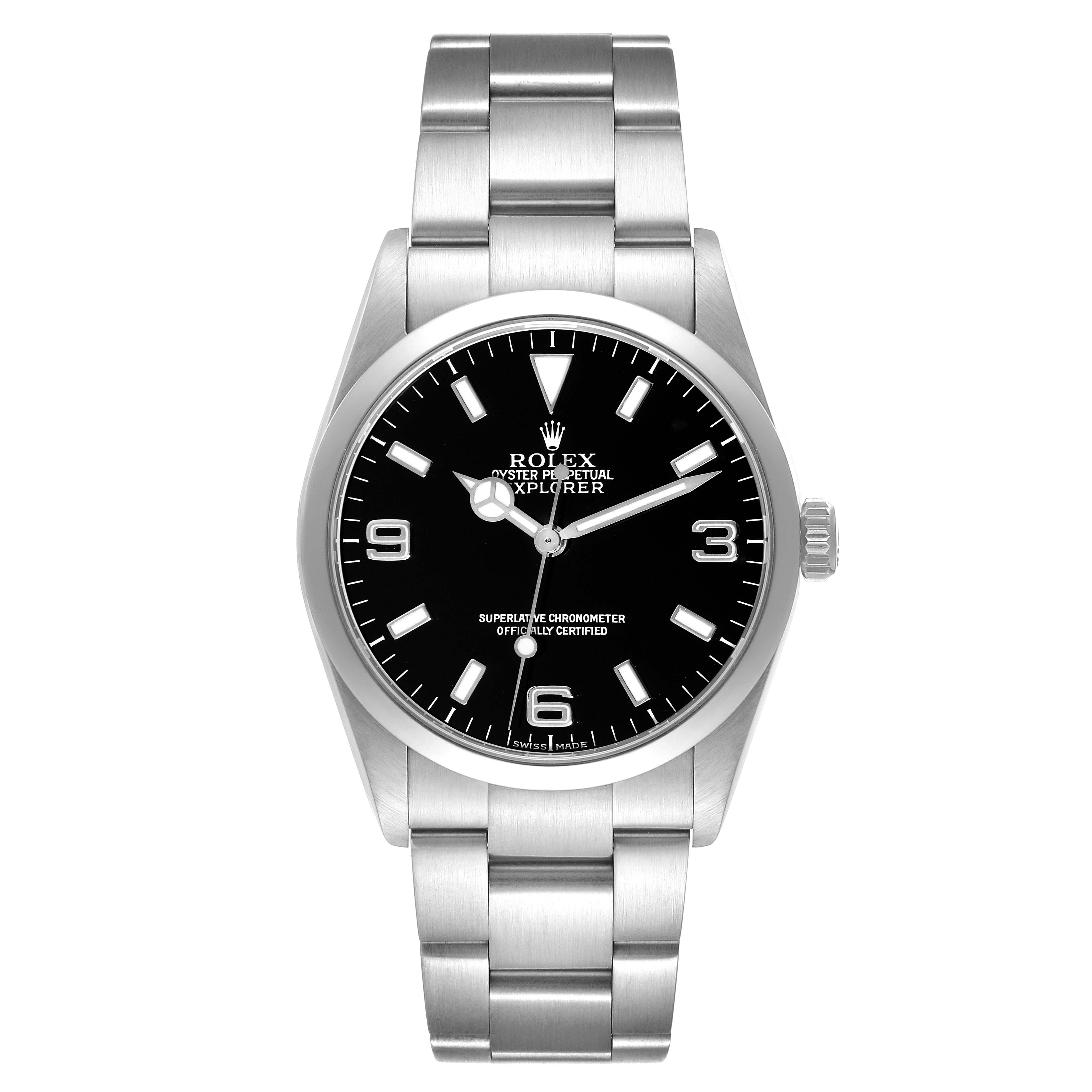 The image shows a front view of the Rolex Explorer 114270 Men
s Stainless Steel Black Dial 114270 Men
s Stainless Steel Black Dial watch, displaying its dial, hands, bezel, and bracelet.