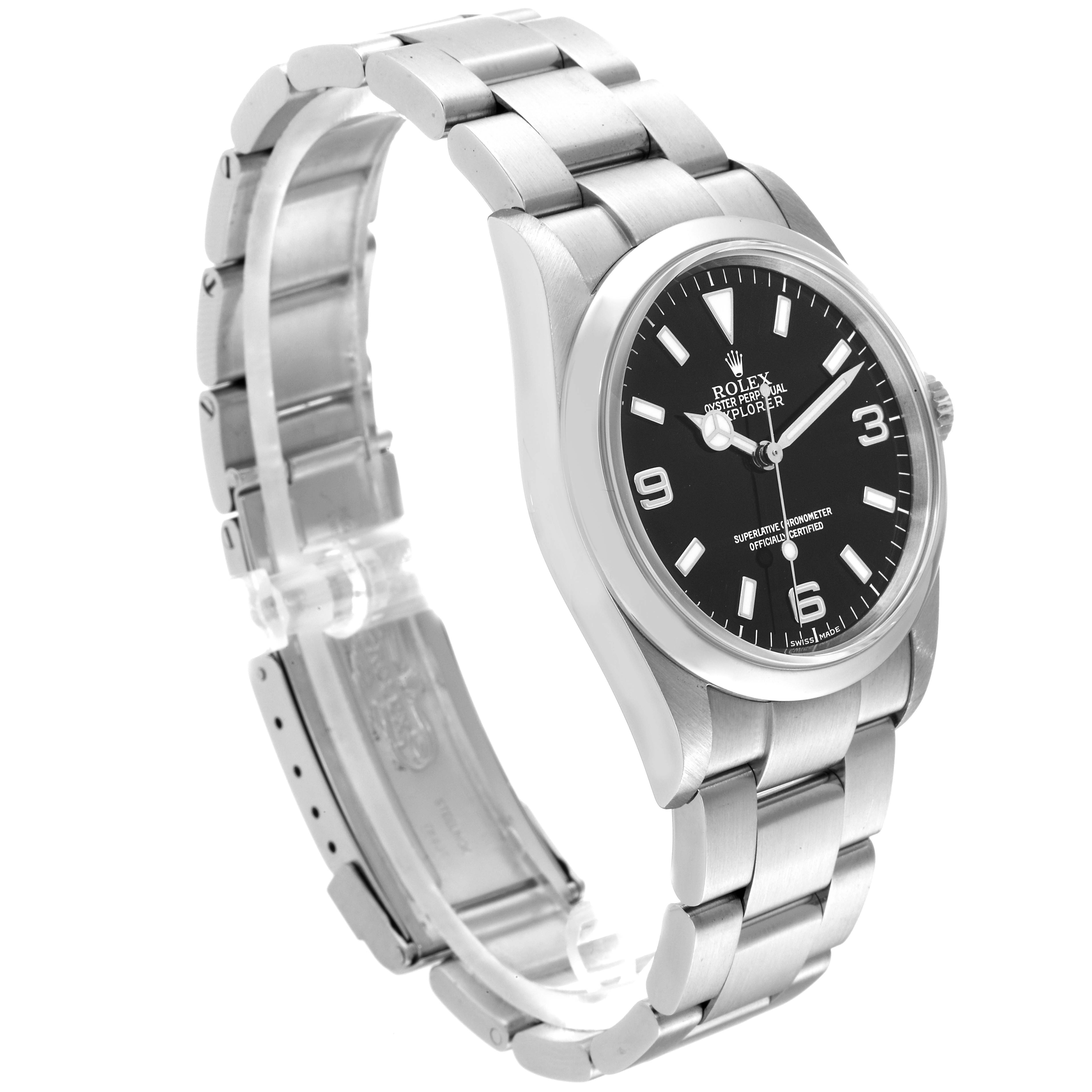 The Rolex Explorer 114270 Men
s Stainless Steel Black Dial 114270 Men
s Stainless Steel Black Dial watch is shown at a three-quarter angle, displaying its face, bracelet, and clasp.