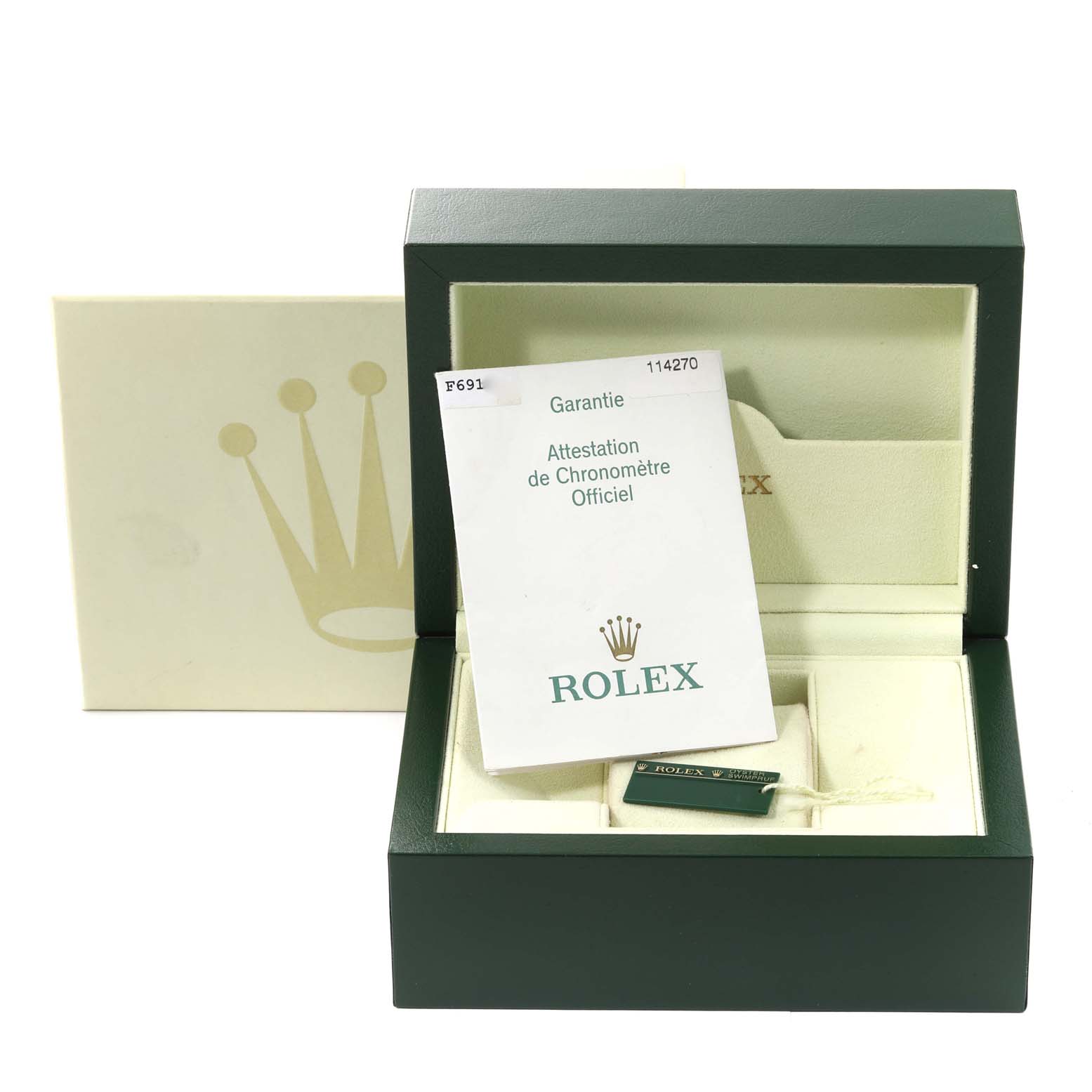 The image shows an open Rolex Explorer 114270 Men
s Stainless Steel Black Dial 114270 Men
s Stainless Steel Black Dial watch box, warranty card, and a Rolex tag from a frontal angle.