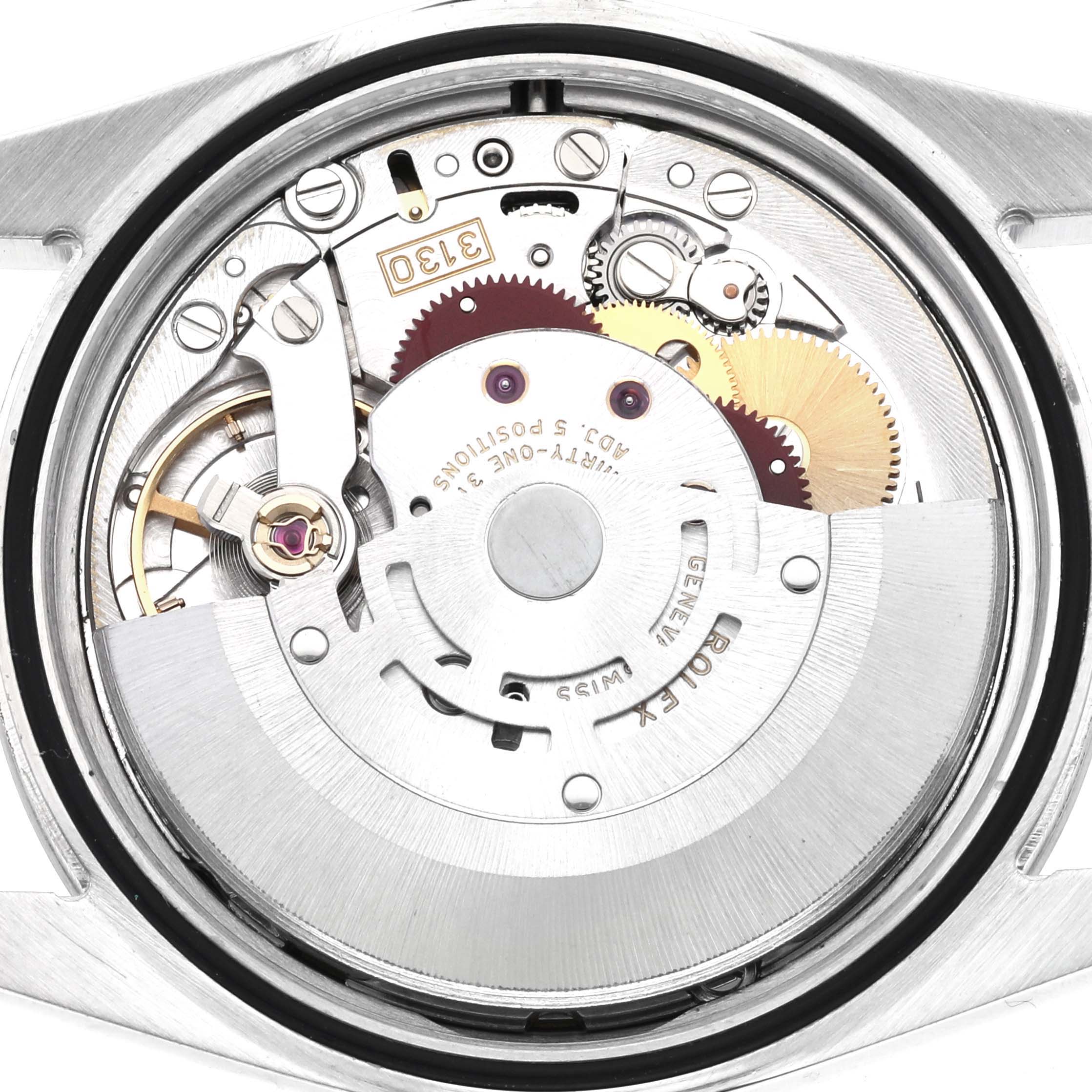 This image shows the inner mechanical parts of a Rolex Explorer 114270 Men
s Stainless Steel Black Dial 114270 Men
s Stainless Steel Black Dial watch from a back case angle.