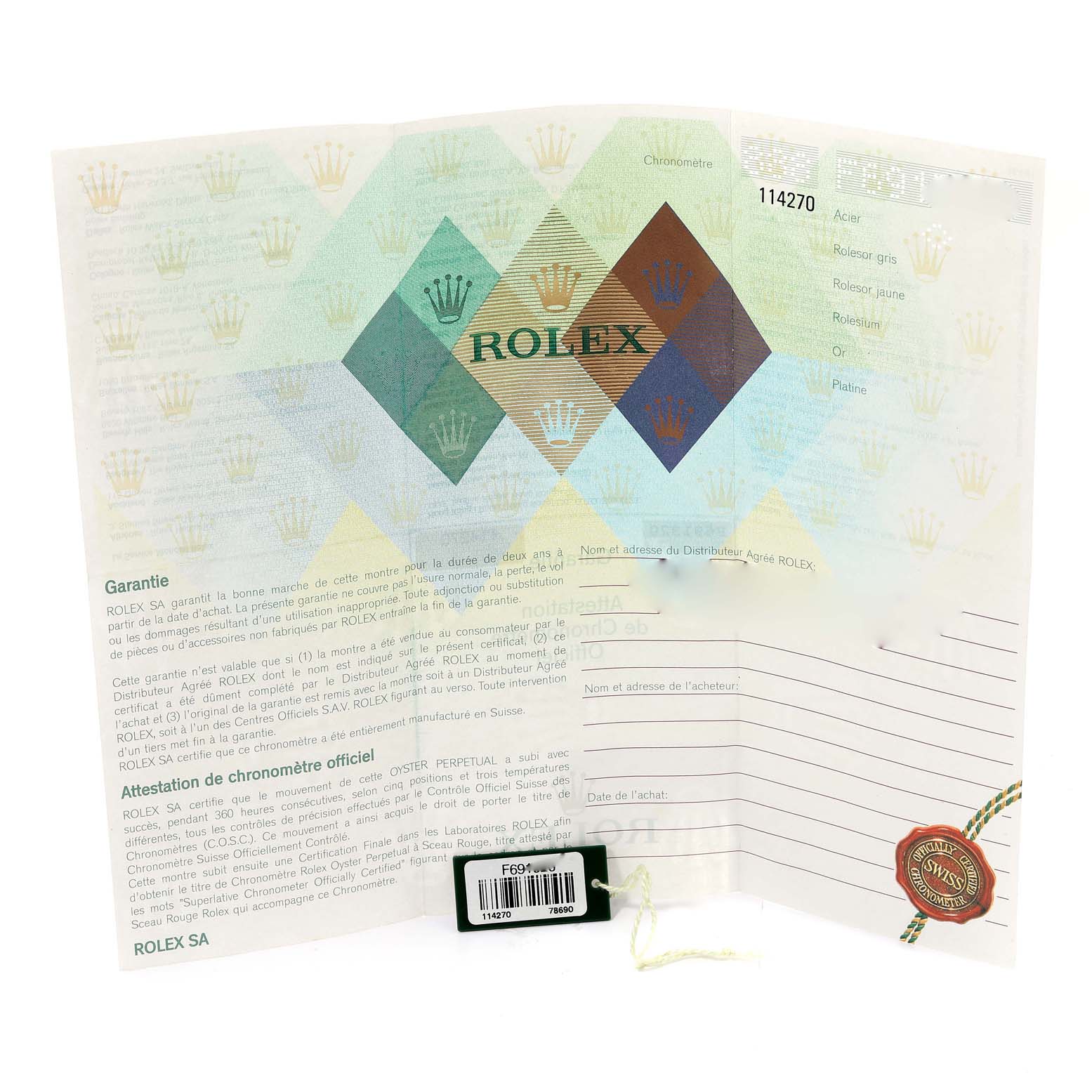 The image shows the warranty card and accompanying documents for a Rolex Explorer 114270 Men
s Stainless Steel Black Dial 114270 Men
s Stainless Steel Black Dial watch, model number 114270.