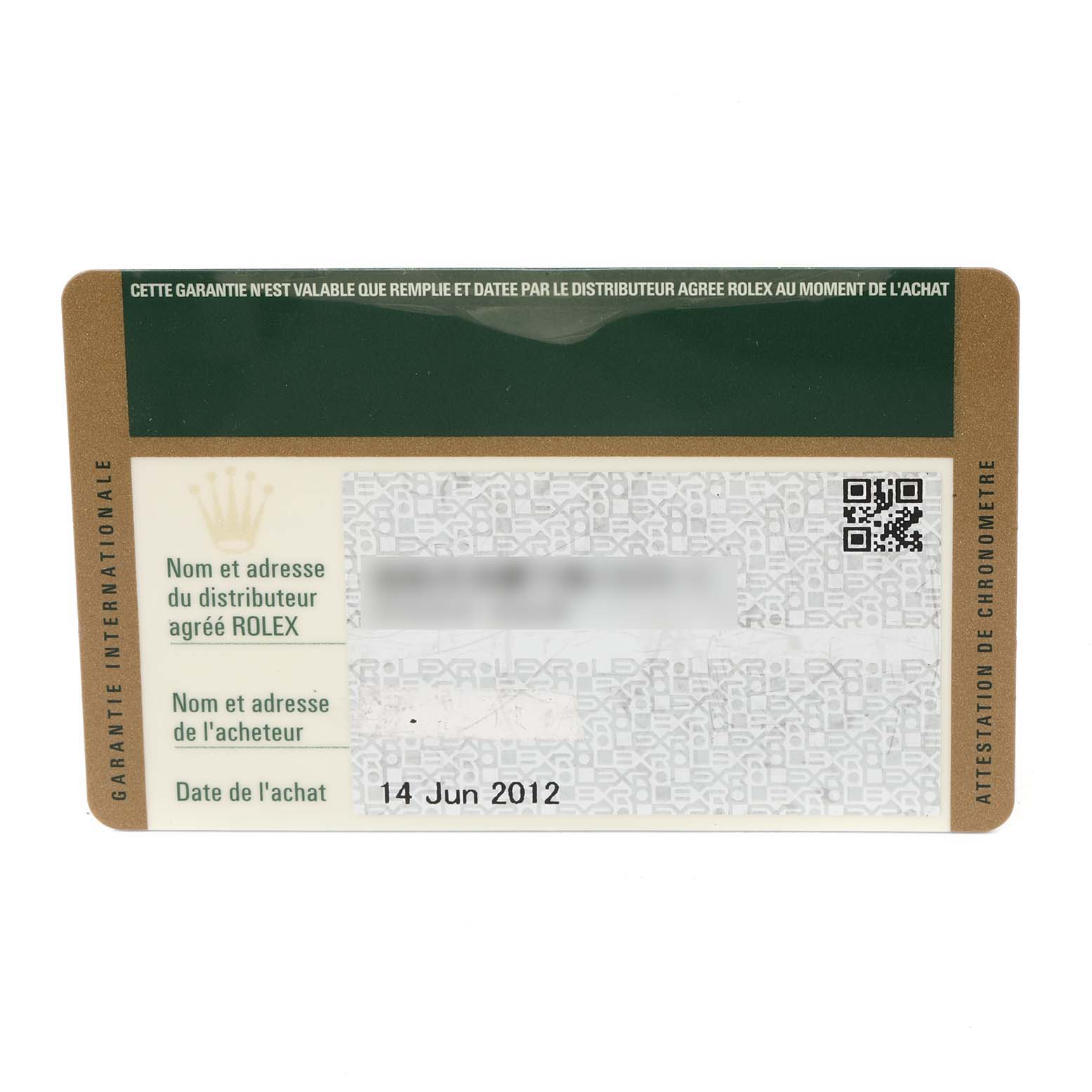 This image shows a warranty card for a Rolex Explorer 216570 Men's Stainless Steel Black Dial 216570 Men's Stainless Steel Black Dial watch, including distributor and purchase details.