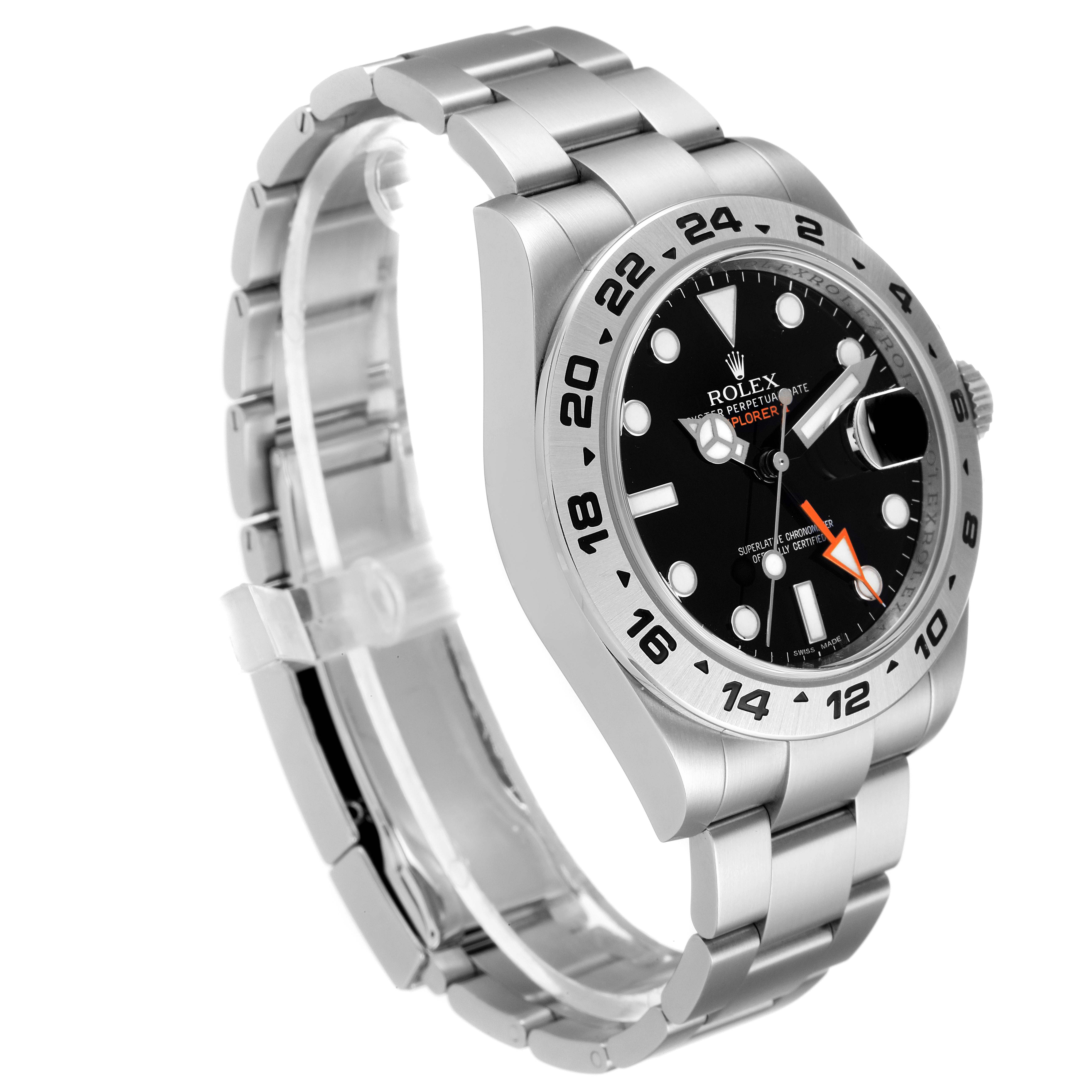 The image shows a side angle view of the Rolex Explorer 216570 Men's Stainless Steel Black Dial 216570 Men's Stainless Steel Black Dial model watch, displaying the face, bezel, crown, and stainless steel bracelet band.