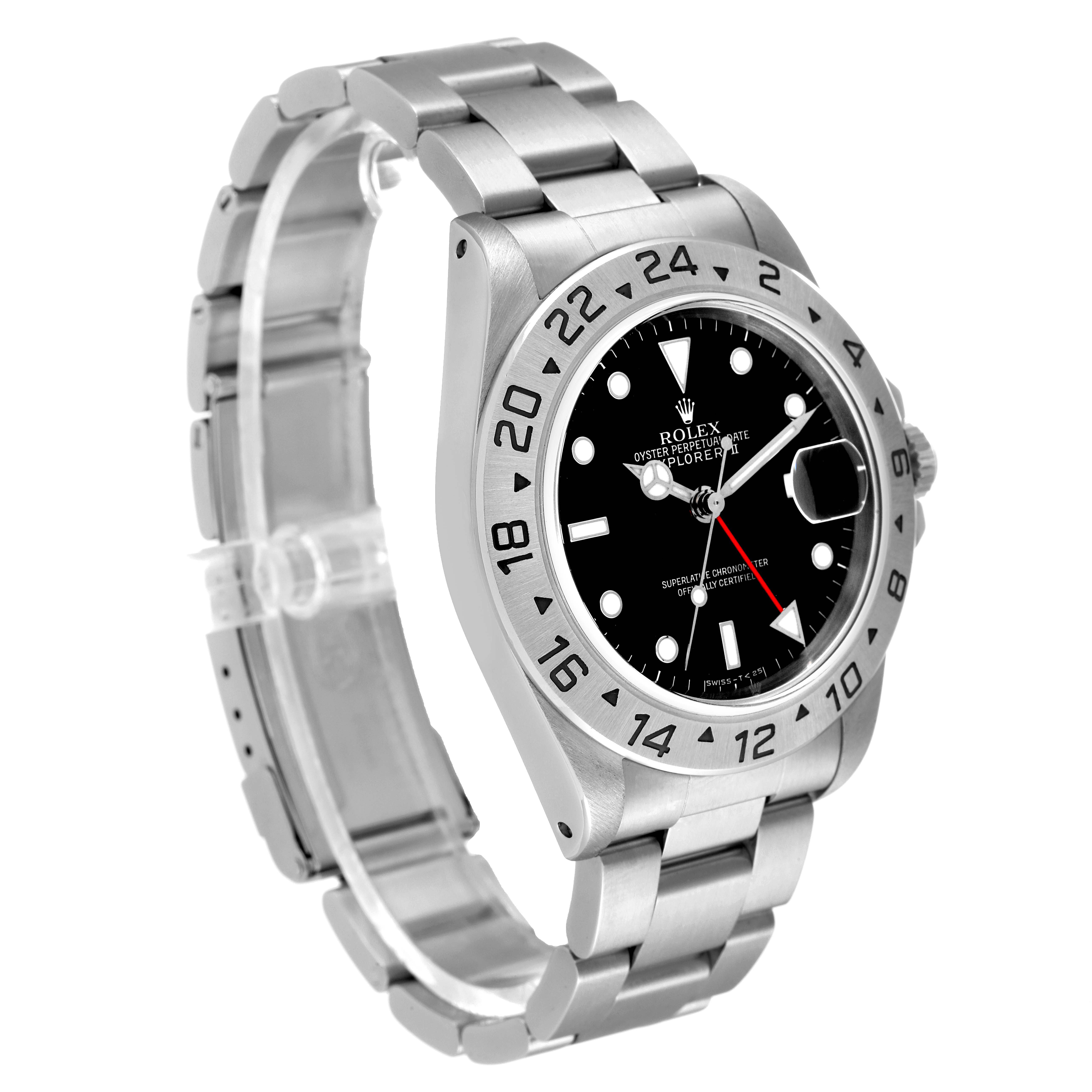 The image shows a side angle view of a Rolex Explorer 16570 Men's Stainless Steel Black Dial 16570 Men's Stainless Steel Black Dial watch, highlighting its bezel, dial, bracelet, and clasp.