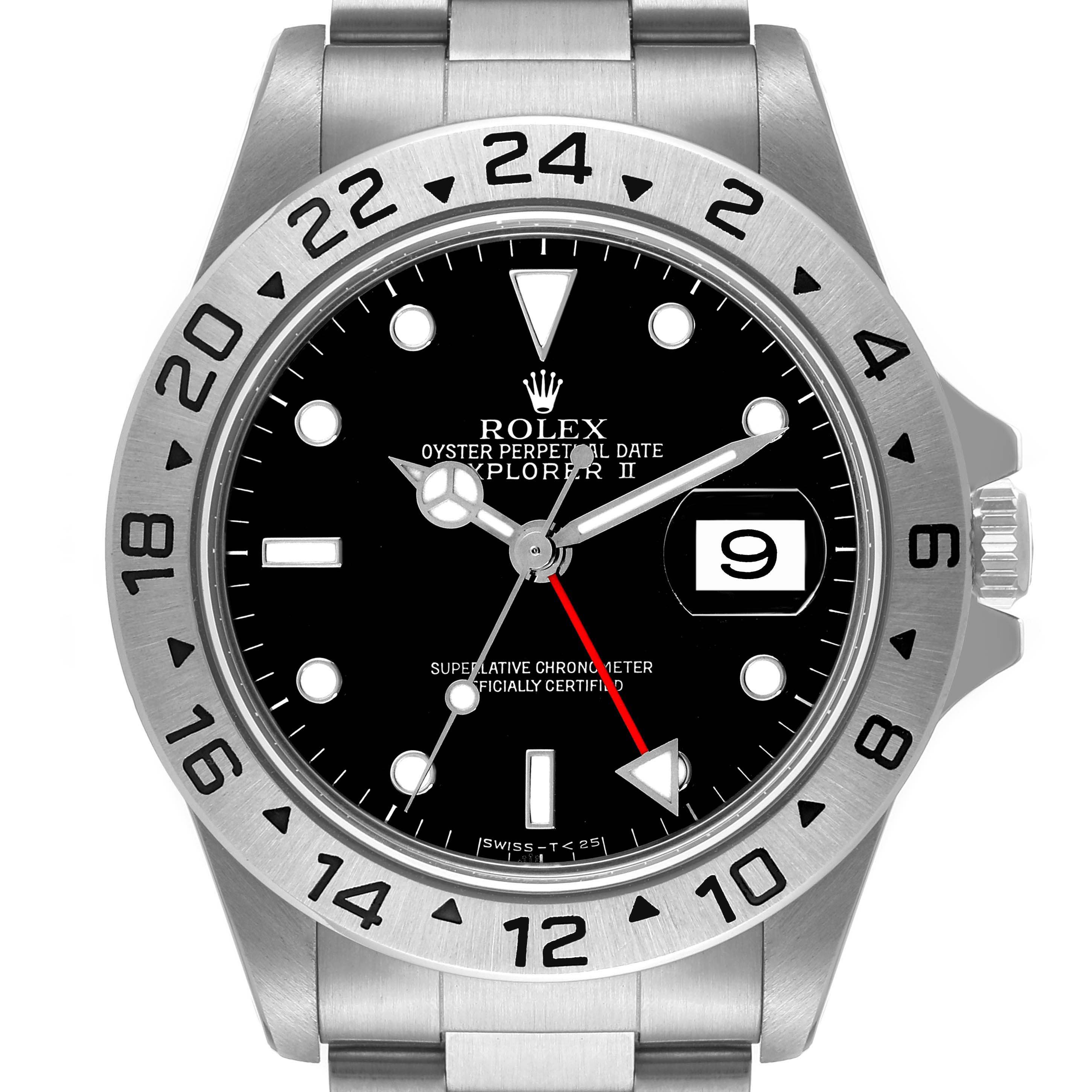 The image shows a front view of a Rolex Explorer 16570 Men's Stainless Steel Black Dial 16570 Men's Stainless Steel Black Dial watch, highlighting the dial, hands, bezel, and bracelet.