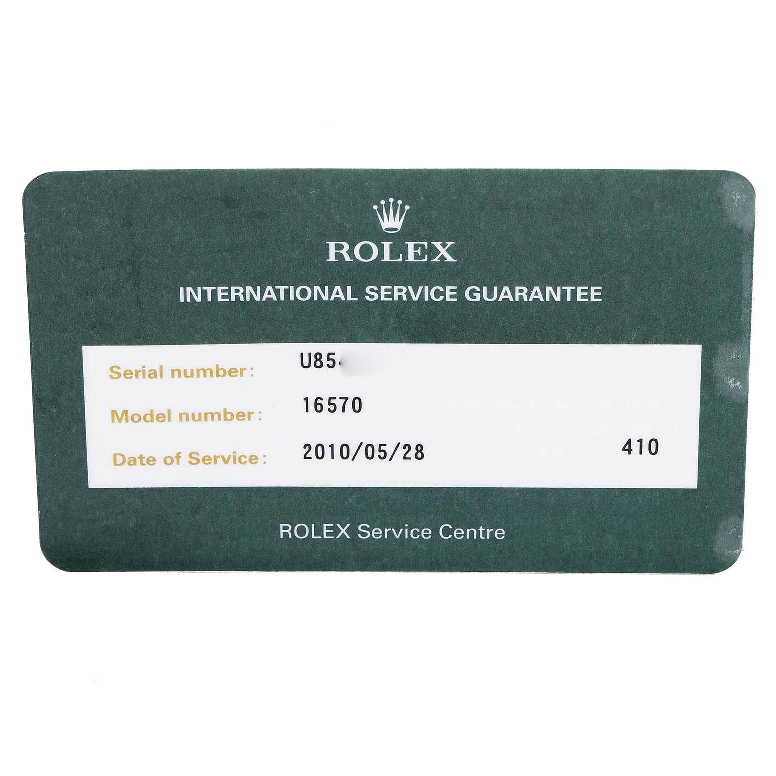 The image shows an international service guarantee card for a Rolex Explorer 16570 Men's Stainless Steel Black Dial 16570 Men's Stainless Steel Black Dial, model number 16570.