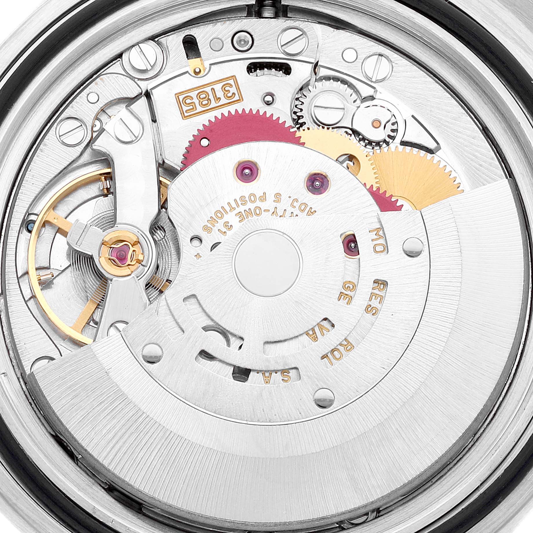This is an image of the movement mechanism of a Rolex Explorer 16570 Men's Stainless Steel Black Dial 16570 Men's Stainless Steel Black Dial model watch, showing gears and the rotor.