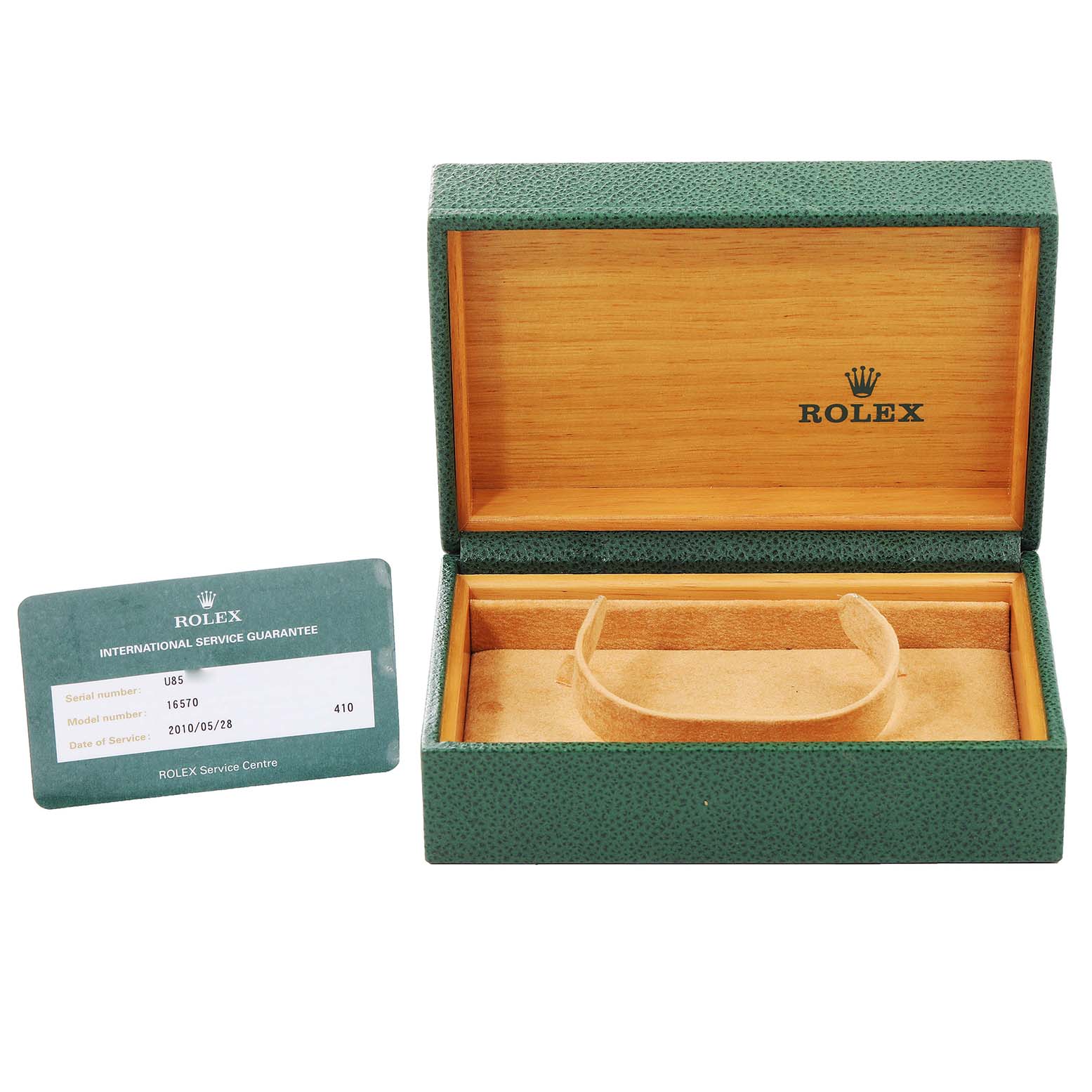 The image shows an open Rolex Explorer 16570 Men's Stainless Steel Black Dial 16570 Men's Stainless Steel Black Dial watch box and an international service guarantee card.