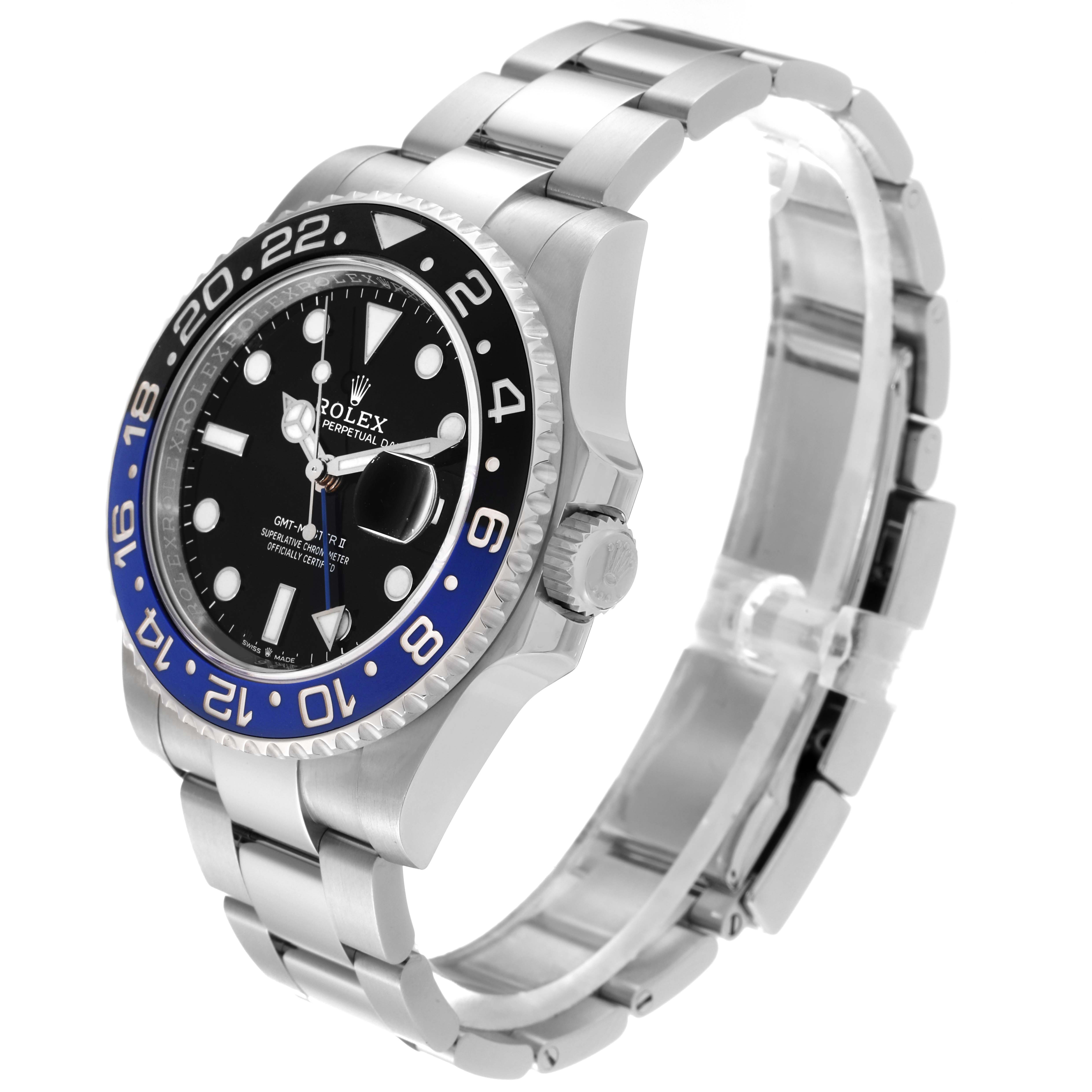The image shows a Rolex GMT-Master 126710BLNR Men
s Stainless Steel Black Dial 126710BLNR Men
s Stainless Steel Black Dial watch from a side angle, displaying the bezel, dial, crown, and bracelet.