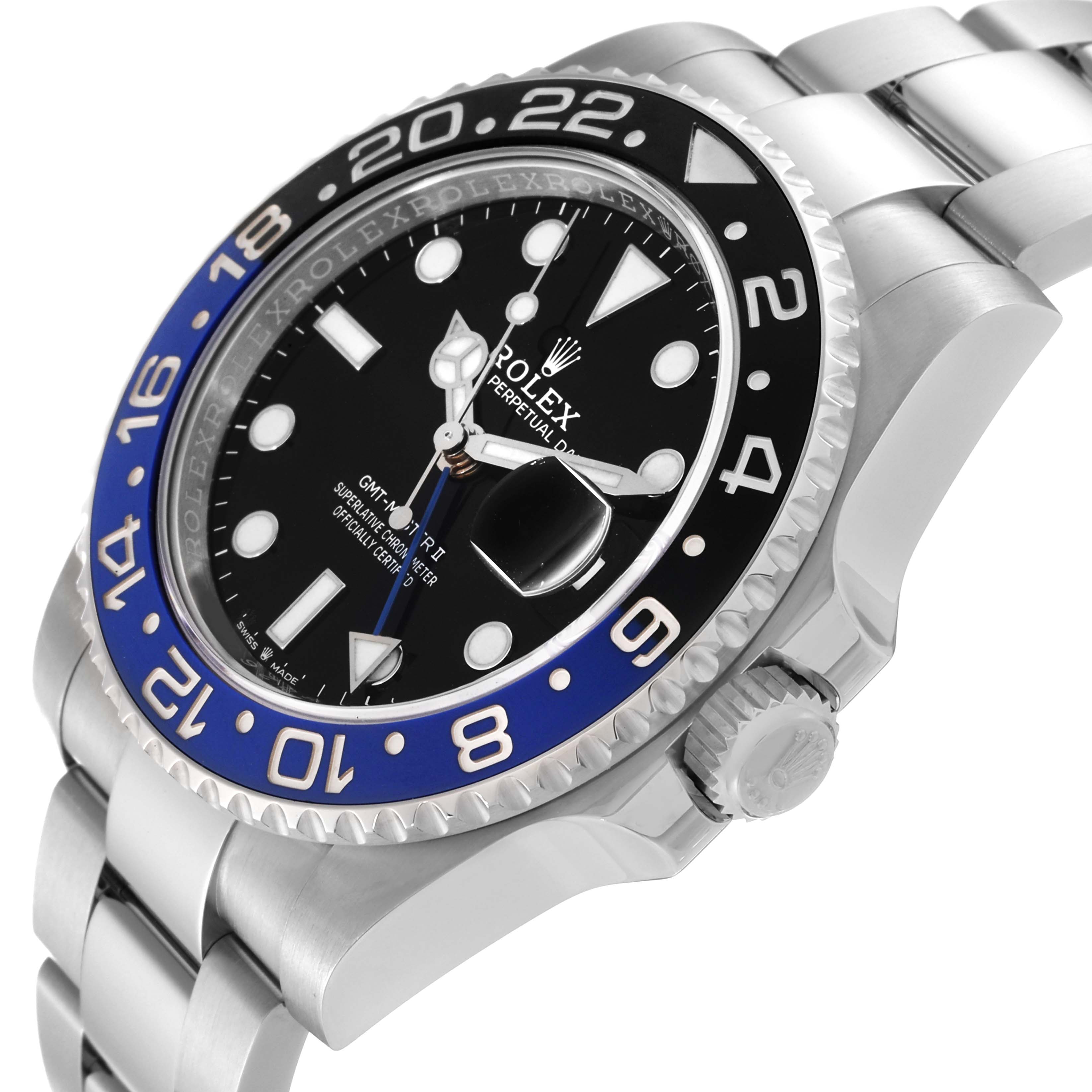 The image shows a close-up angled view of a Rolex GMT-Master 126710BLNR Men
s Stainless Steel Black Dial 126710BLNR Men
s Stainless Steel Black Dial watch, highlighting the dial, bezel, and part of the bracelet.