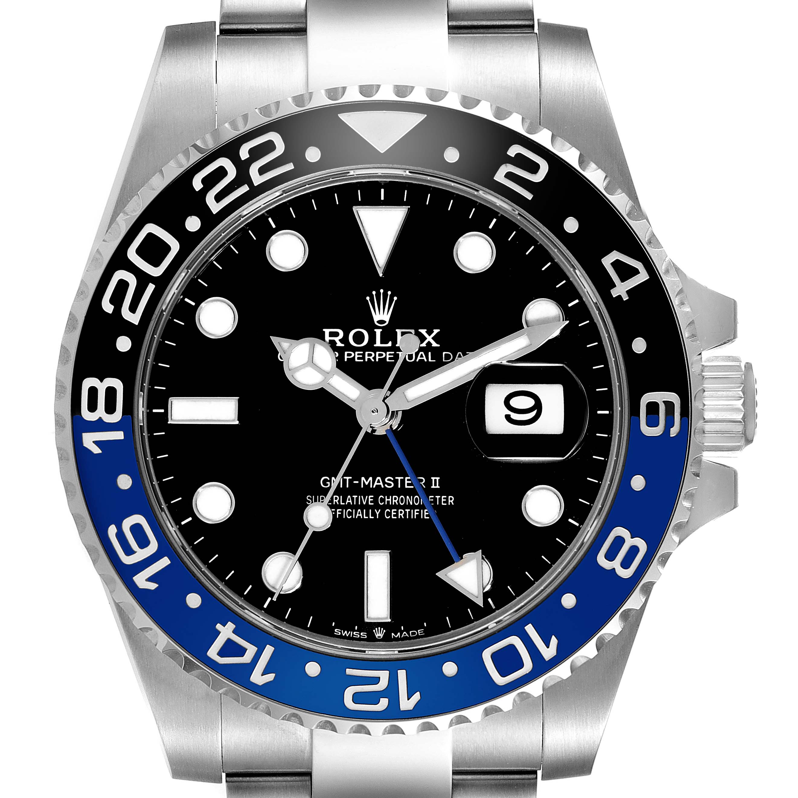 This image shows a frontal view of the Rolex GMT-Master 126710BLNR Men
s Stainless Steel Black Dial 126710BLNR Men
s Stainless Steel Black Dial II watch, highlighting its dial, bezel, and bracelet.