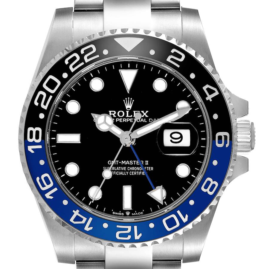 This image shows a frontal view of the Rolex GMT-Master II watch, highlighting its dial, bezel, and bracelet.