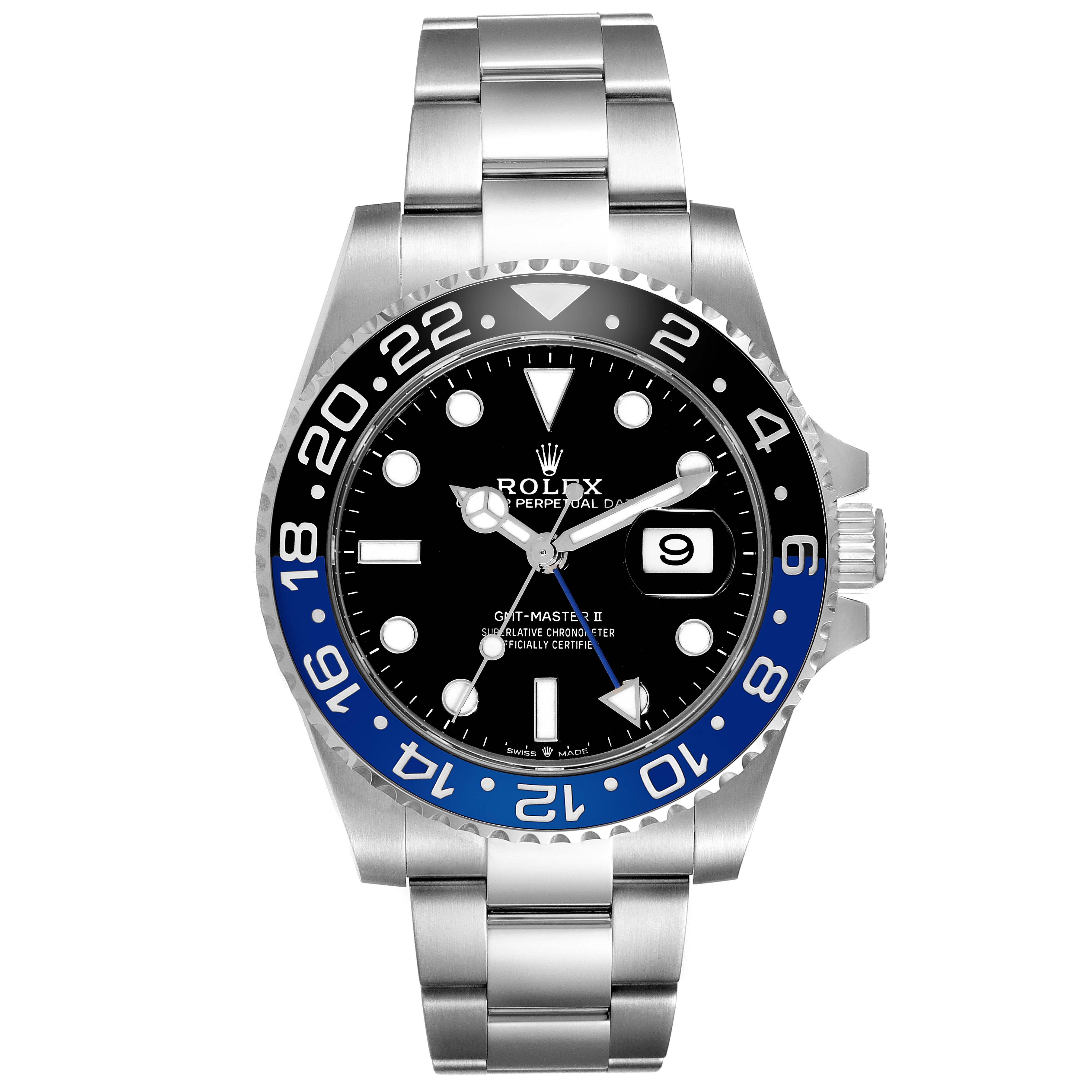 The image shows a frontal view of a Rolex GMT-Master 126710BLNR Men
s Stainless Steel Black Dial 126710BLNR Men
s Stainless Steel Black Dial II watch, displaying the face, bezel, and bracelet.