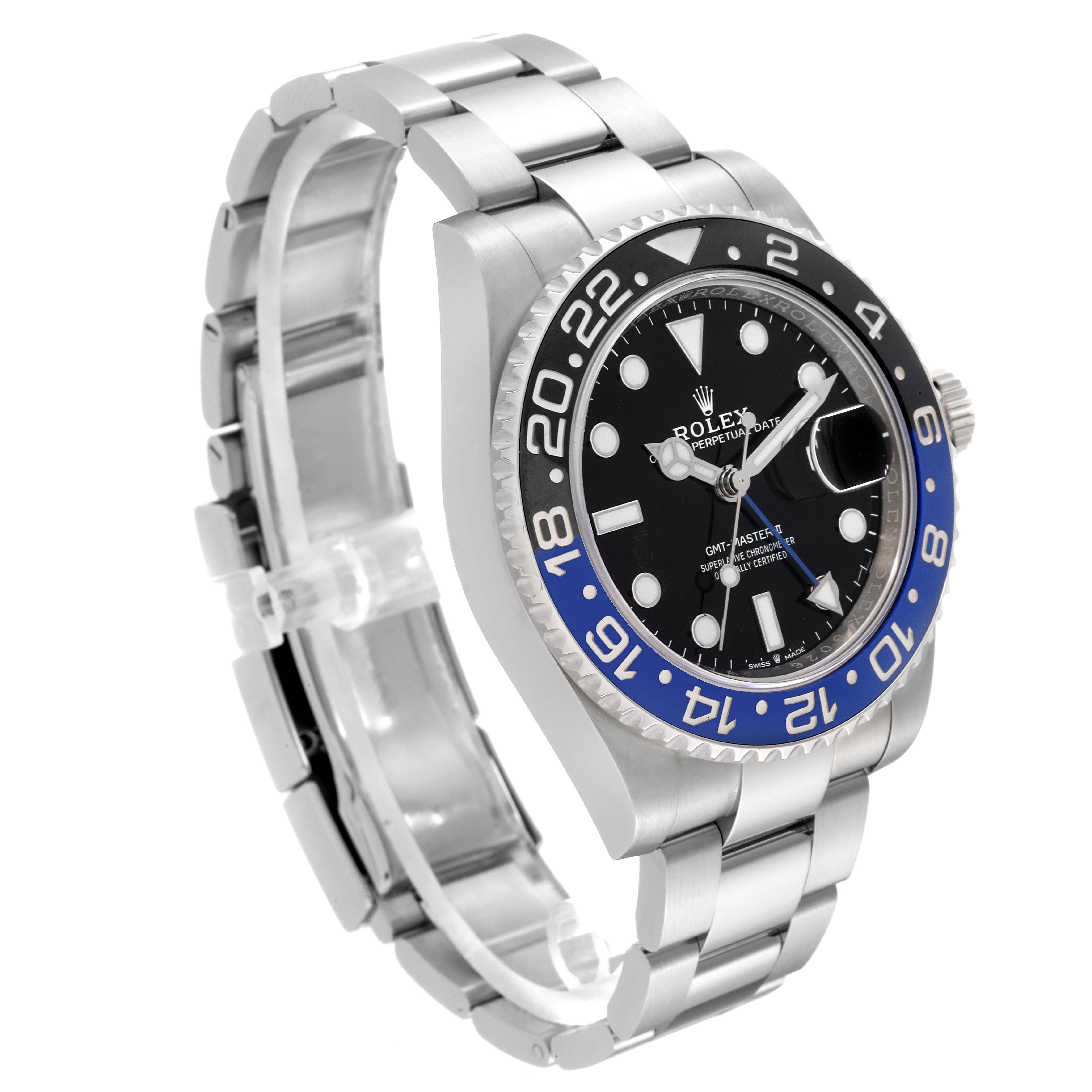 The Rolex GMT-Master 126710BLNR Men
s Stainless Steel Black Dial 126710BLNR Men
s Stainless Steel Black Dial watch is shown from a three-quarter front angle, highlighting the face, bezel, crown, and bracelet.