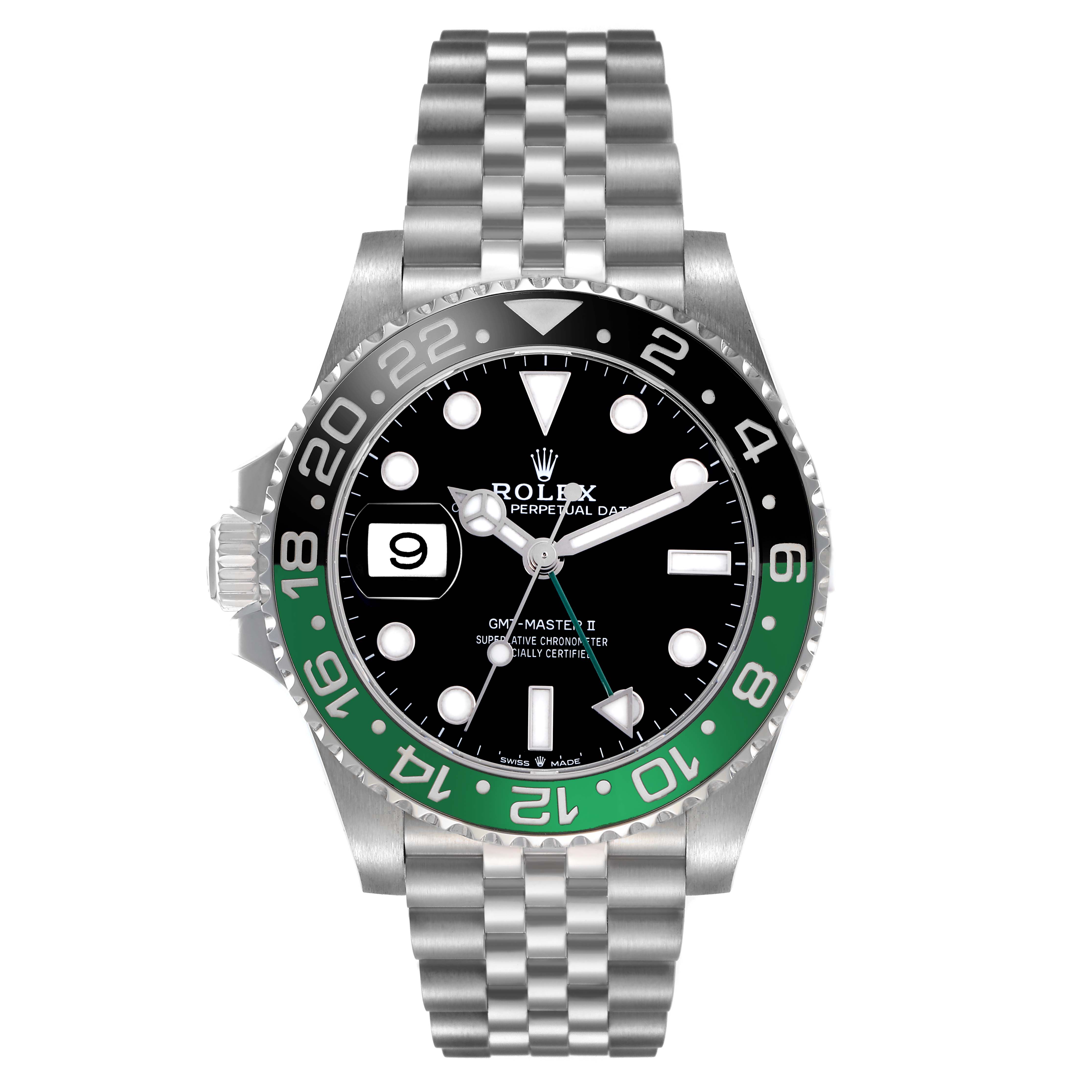 The image shows a frontal view of a Rolex GMT-Master 126720VTNR Men
s Stainless Steel Black Dial 126720VTNR Men
s Stainless Steel Black Dial II watch, highlighting its bezel, dial, and bracelet.