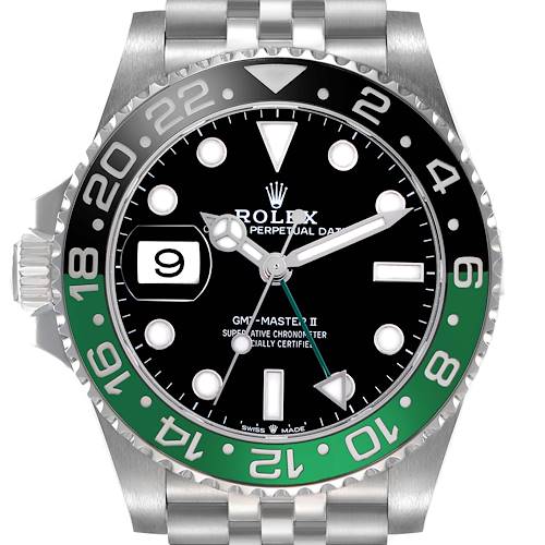 The Rolex GMT-Master II is shown from a frontal angle, displaying its dial, bezel, and part of the bracelet.