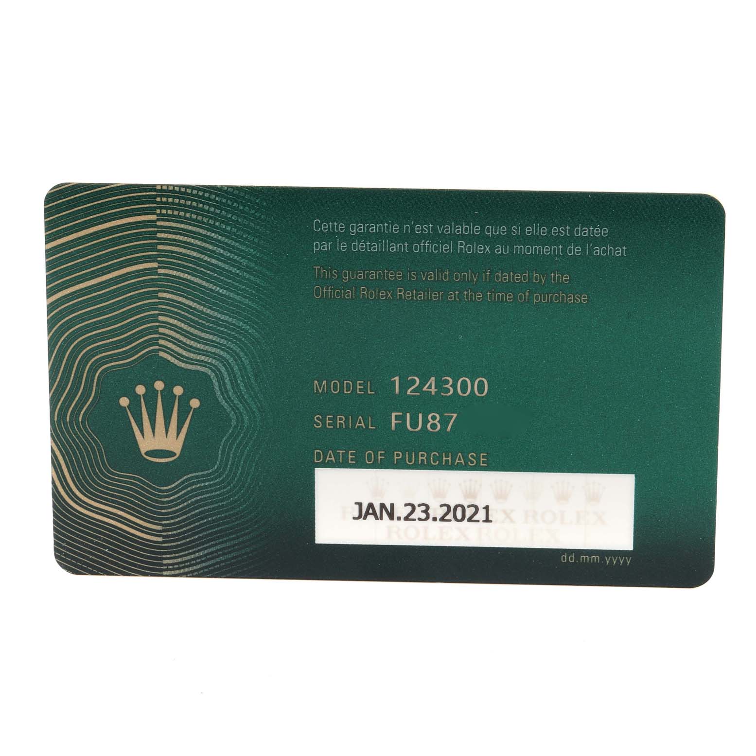 This is a warranty card for a Rolex Oyster Perpetual 124300 Men's Stainless Steel Blue Dial 124300 Men's Stainless Steel Blue Dial model 124300, showing the serial number and date of purchase.