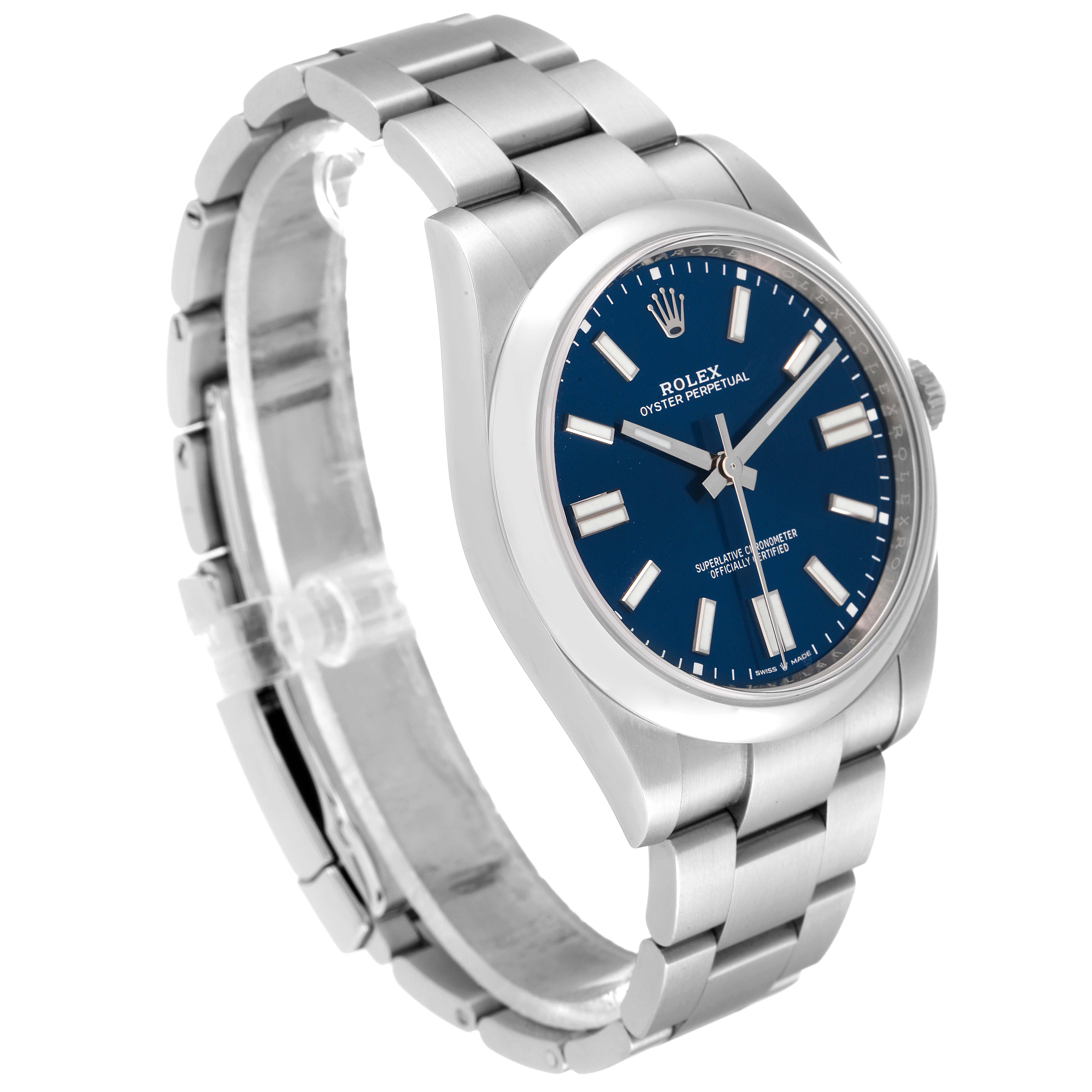 This image shows a side-angle view of a Rolex Oyster Perpetual 124300 Men's Stainless Steel Blue Dial 124300 Men's Stainless Steel Blue Dial watch, featuring its face, band, and crown.