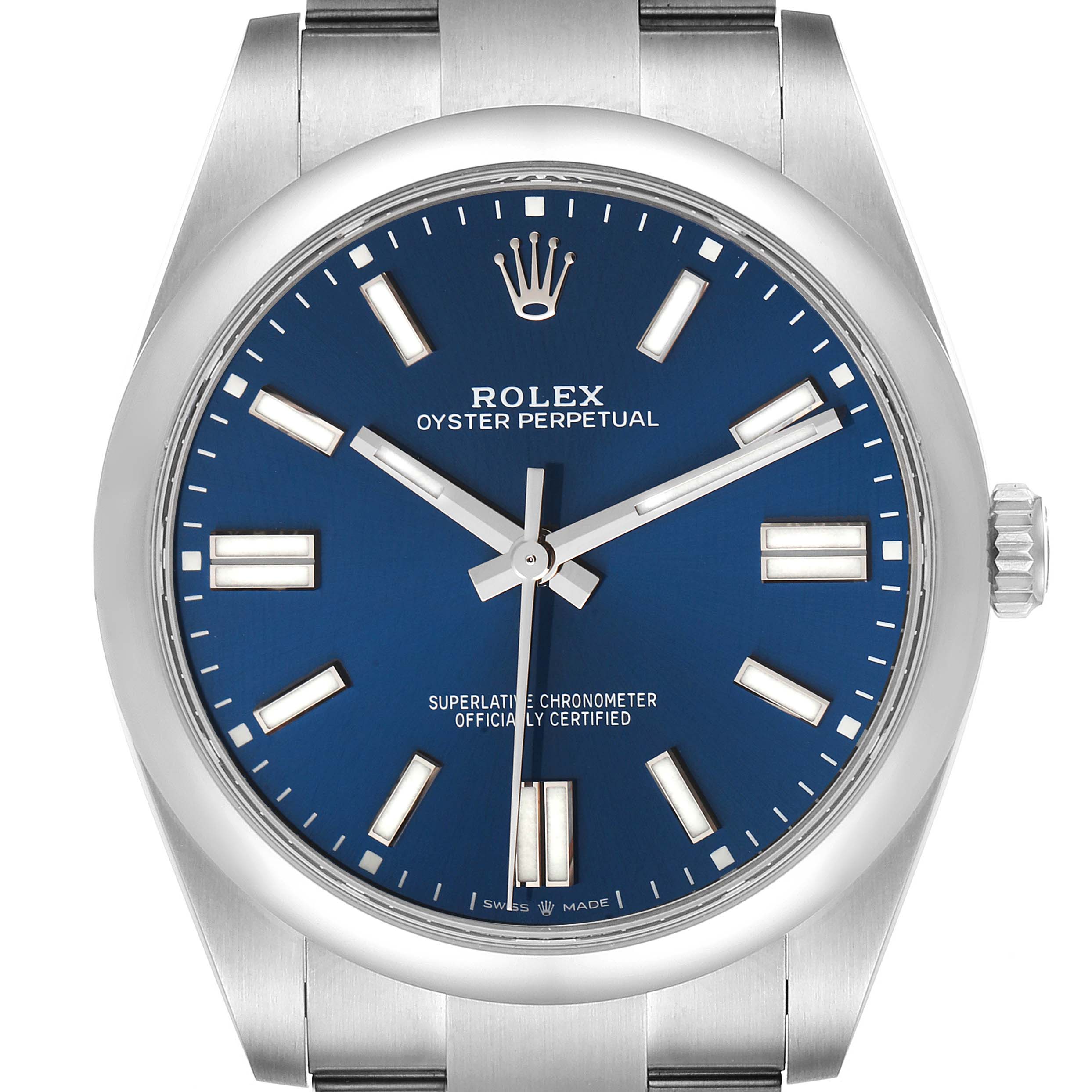 This image shows a front view of the Rolex Oyster Perpetual 124300 Men's Stainless Steel Blue Dial 124300 Men's Stainless Steel Blue Dial watch, highlighting its blue dial and stainless steel bracelet.