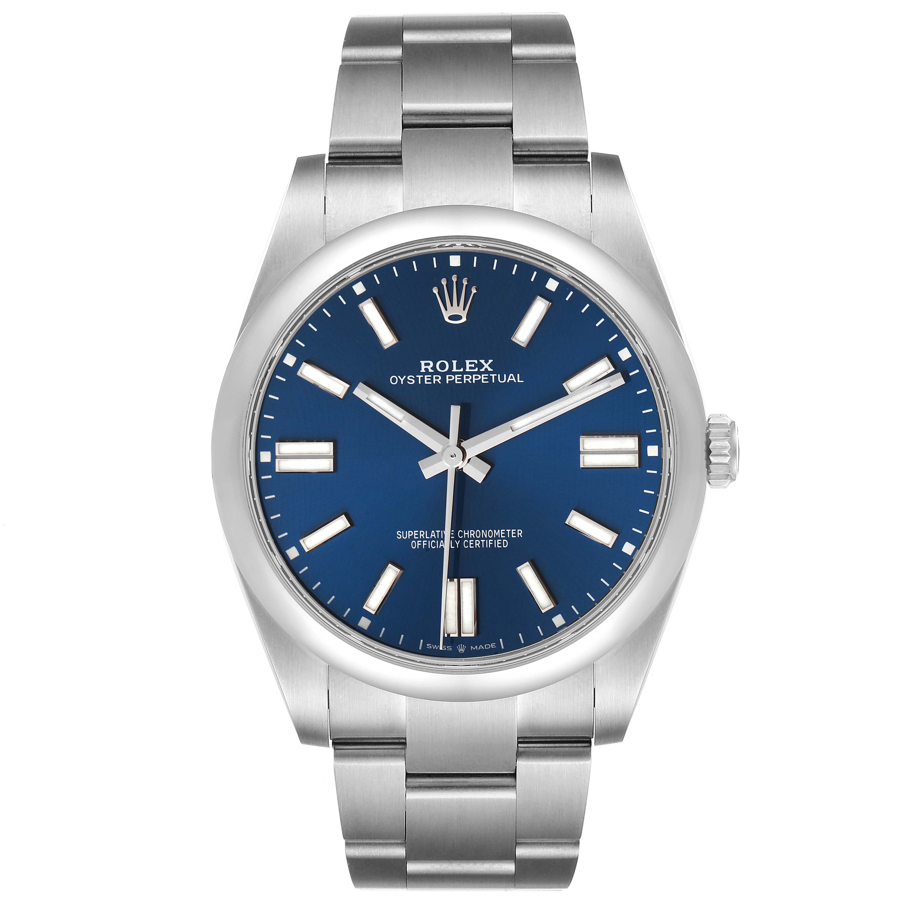 This image shows a front view of a Rolex Oyster Perpetual 124300 Men's Stainless Steel Blue Dial 124300 Men's Stainless Steel Blue Dial watch, highlighting its blue dial, silver hour markers, and stainless steel bracelet.