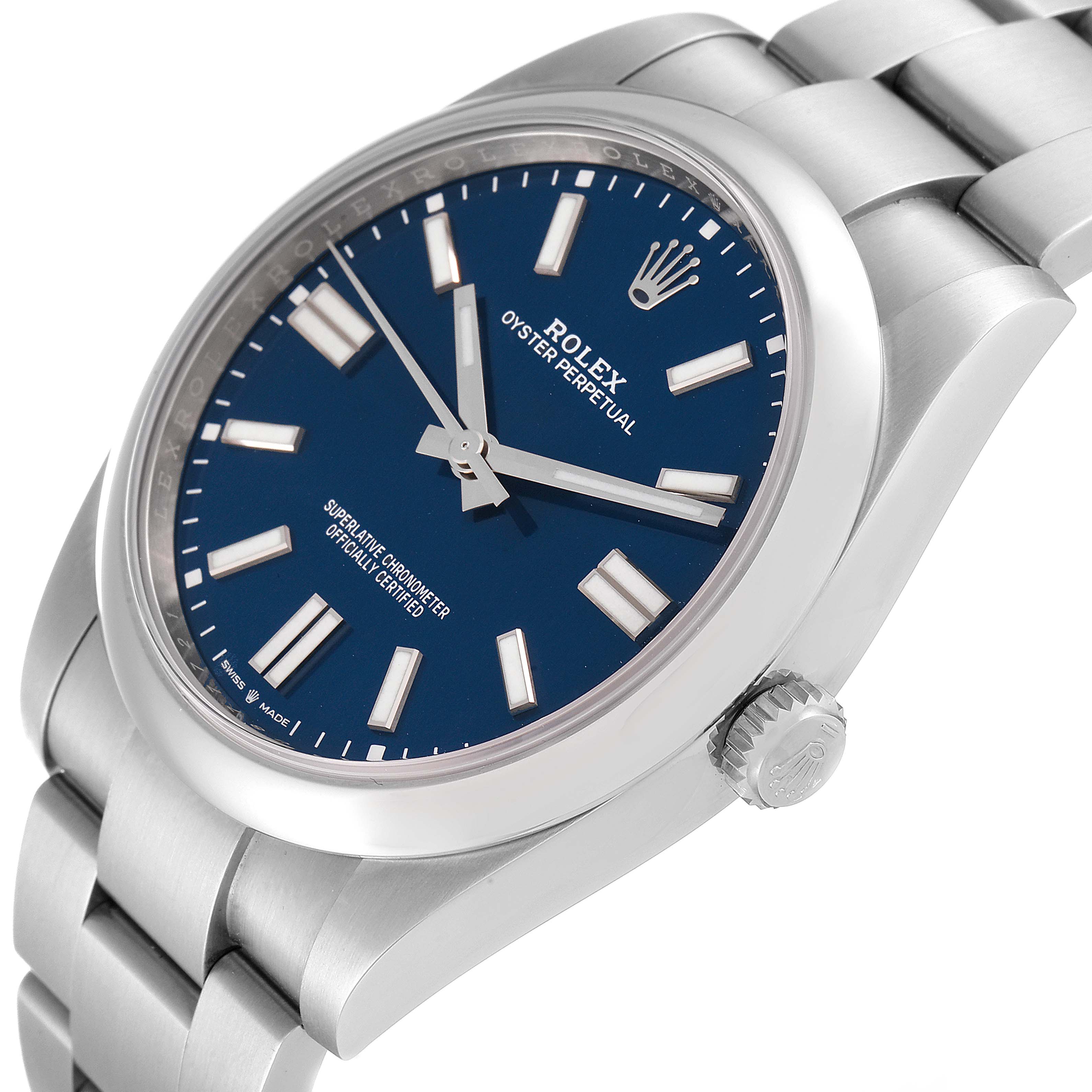 The image shows a Rolex Oyster Perpetual 124300 Men's Stainless Steel Blue Dial 124300 Men's Stainless Steel Blue Dial watch from a slight side angle, highlighting the dial, crown, and part of the bracelet.