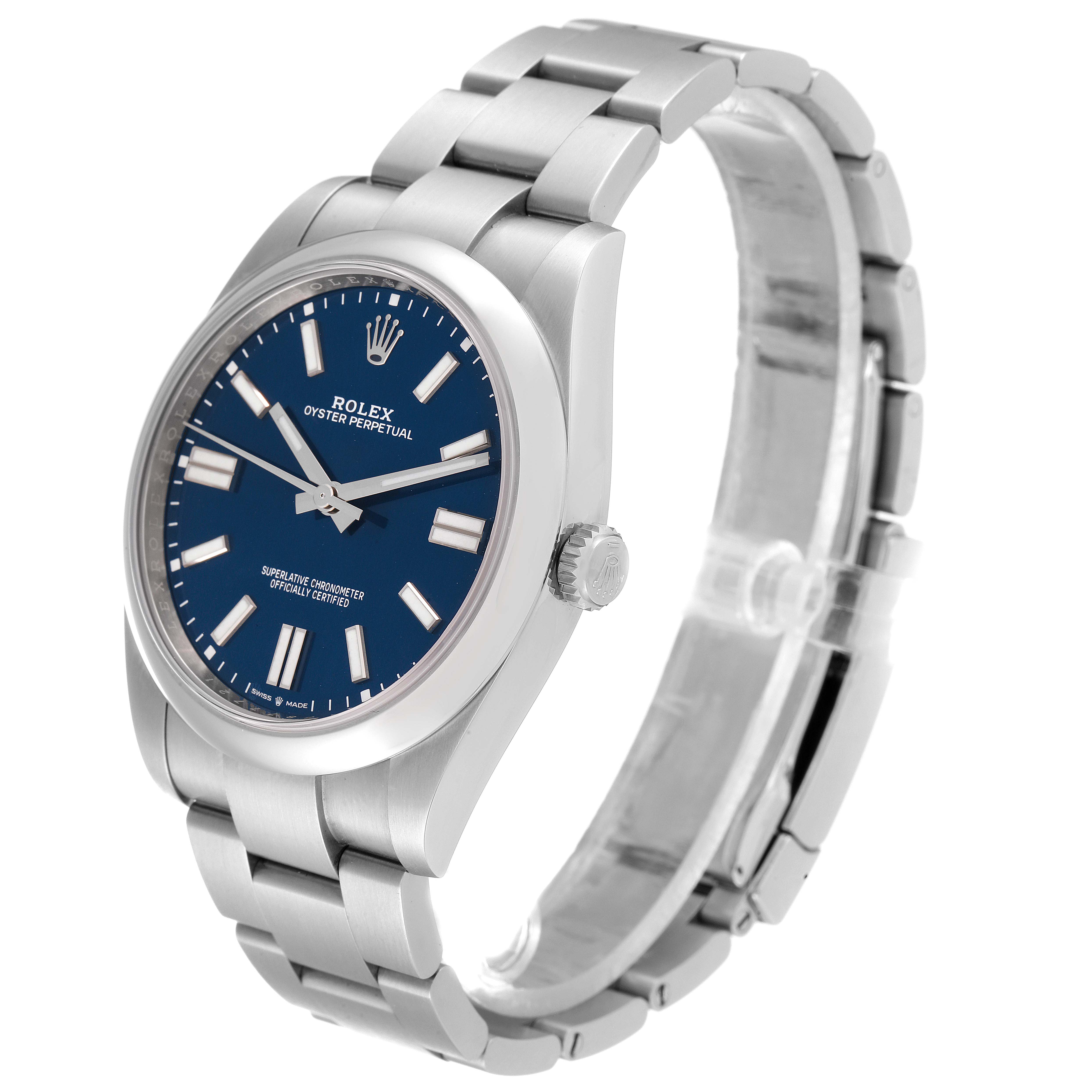 The image shows a side angle of a Rolex Oyster Perpetual 124300 Men's Stainless Steel Blue Dial 124300 Men's Stainless Steel Blue Dial watch, highlighting its blue dial, silver bracelet, and crown.