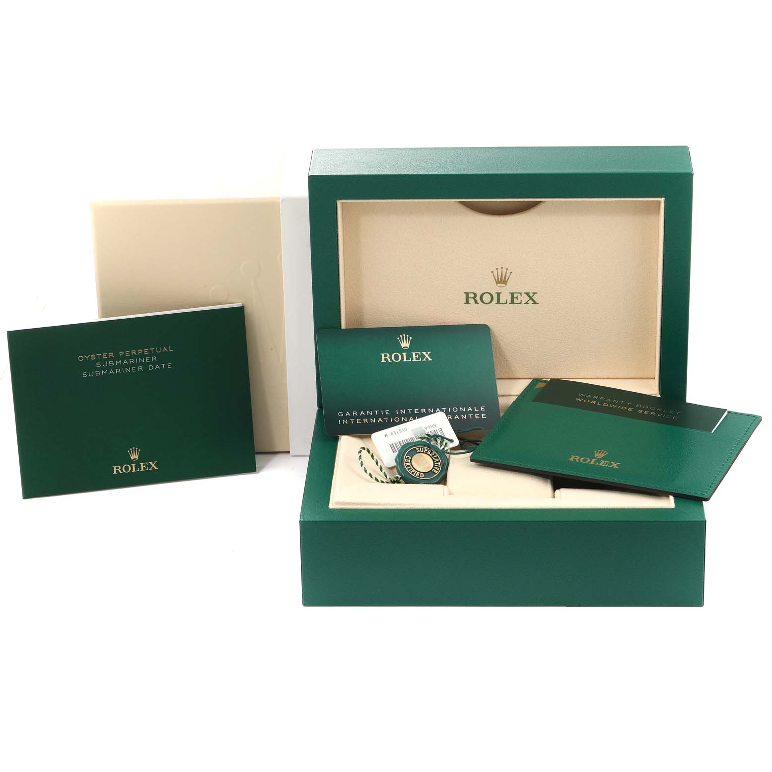 The image shows the Rolex Oyster Perpetual 124300 Men's Stainless Steel Blue Dial 124300 Men's Stainless Steel Blue Dial model packaging, warranty cards, and a hang tag, but not the watch itself.