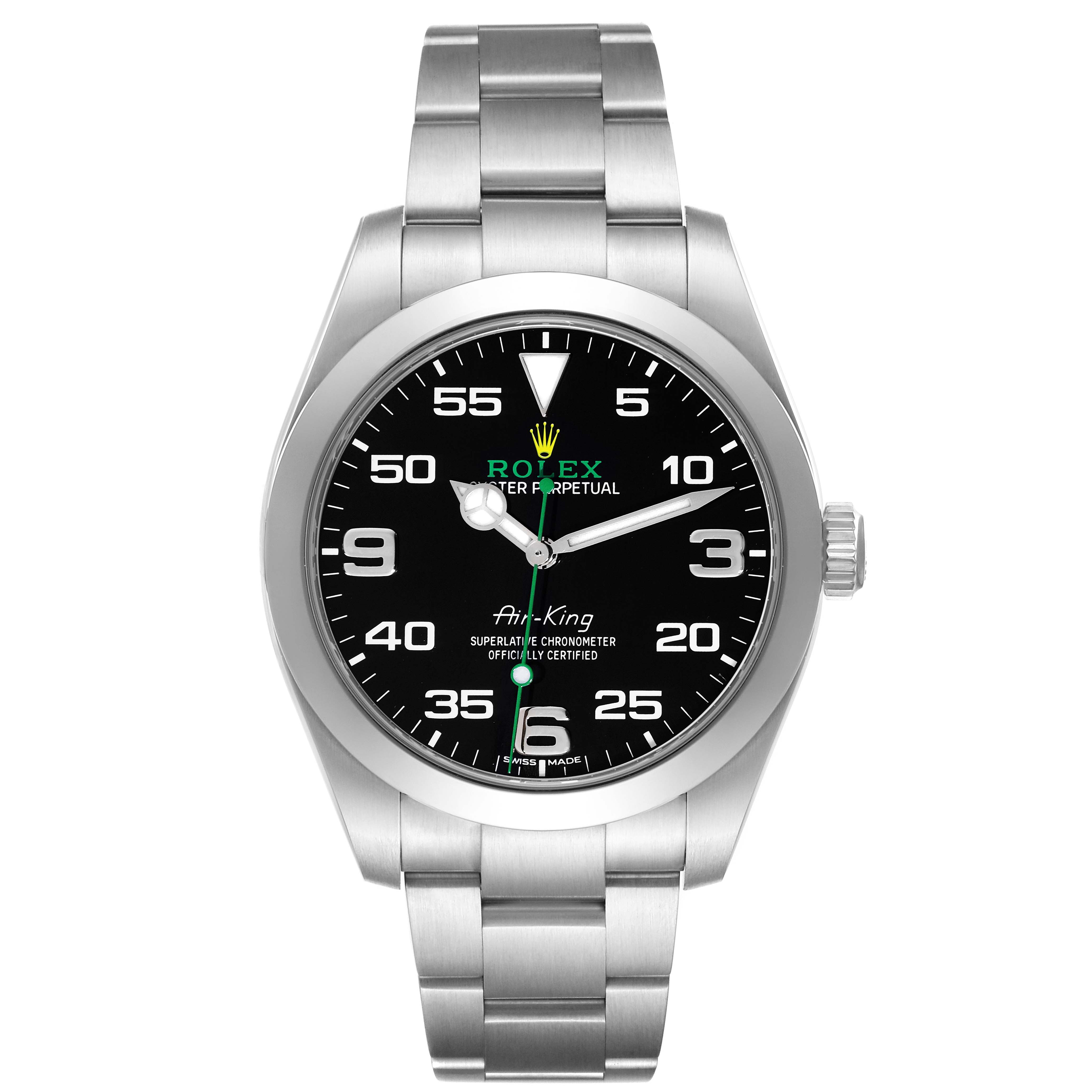 The image shows a front view of the Rolex Air-King 116900 Men's Stainless Steel Black Dial 116900 Men's Stainless Steel Black Dial watch, highlighting its dial, bezel, and stainless steel bracelet.