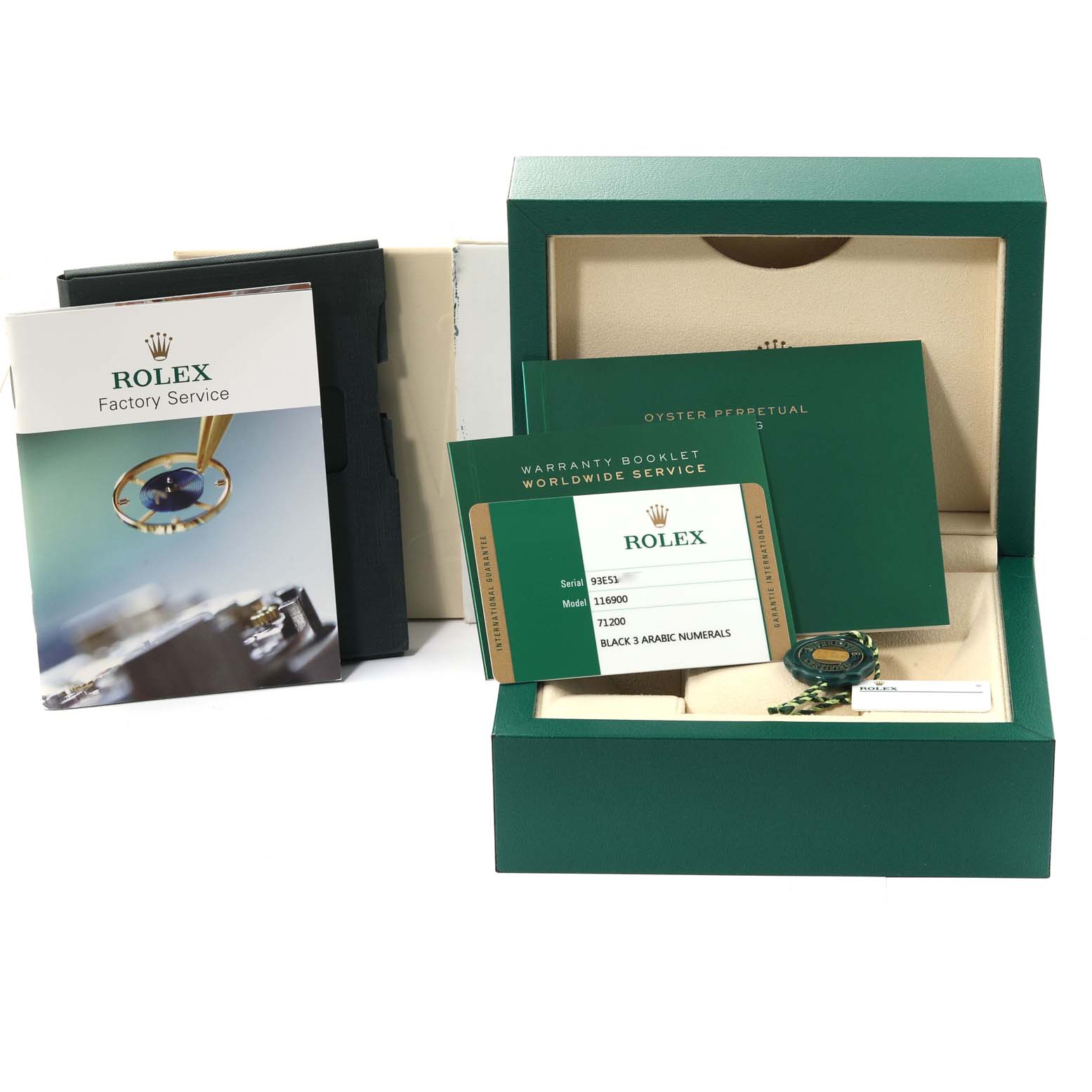 The image shows the accessories for a Rolex Air-King 116900 Men's Stainless Steel Black Dial 116900 Men's Stainless Steel Black Dial, including the warranty booklet, factory service booklet, and the watch box.