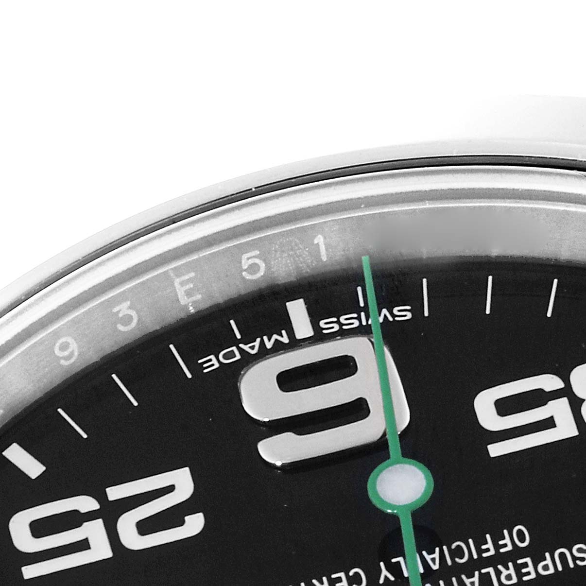 This close-up image shows part of the dial, including the numerals 9 and 3, and the second hand of the Rolex Air-King 116900 Men's Stainless Steel Black Dial 116900 Men's Stainless Steel Black Dial watch.