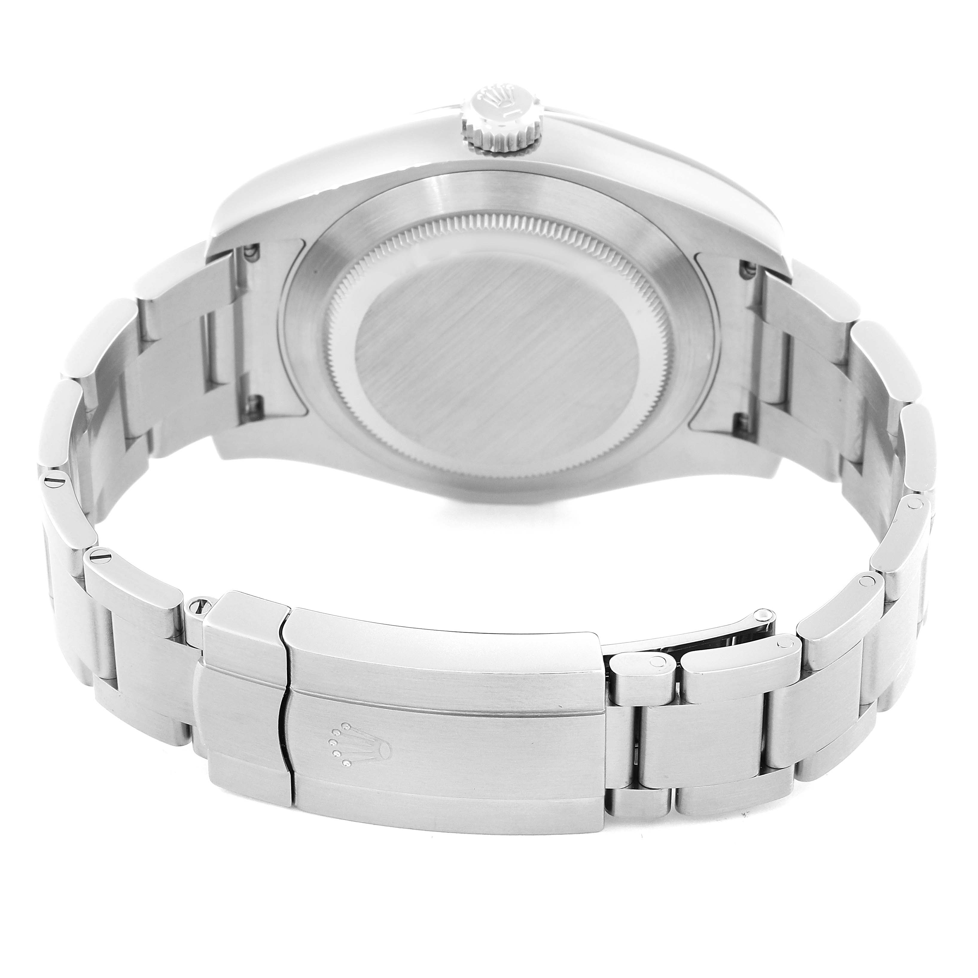 The image shows the back and side view of the Rolex Air-King 116900 Men's Stainless Steel Black Dial 116900 Men's Stainless Steel Black Dial watch, highlighting its case back and bracelet with a clasp.