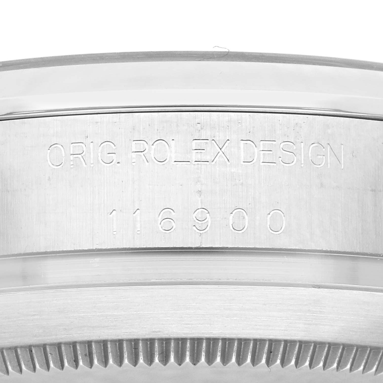 This image shows a close-up of the side of a Rolex Air-King 116900 Men's Stainless Steel Black Dial 116900 Men's Stainless Steel Black Dial watch, highlighting the engraving "ORIG. ROLEX DESIGN 116900."