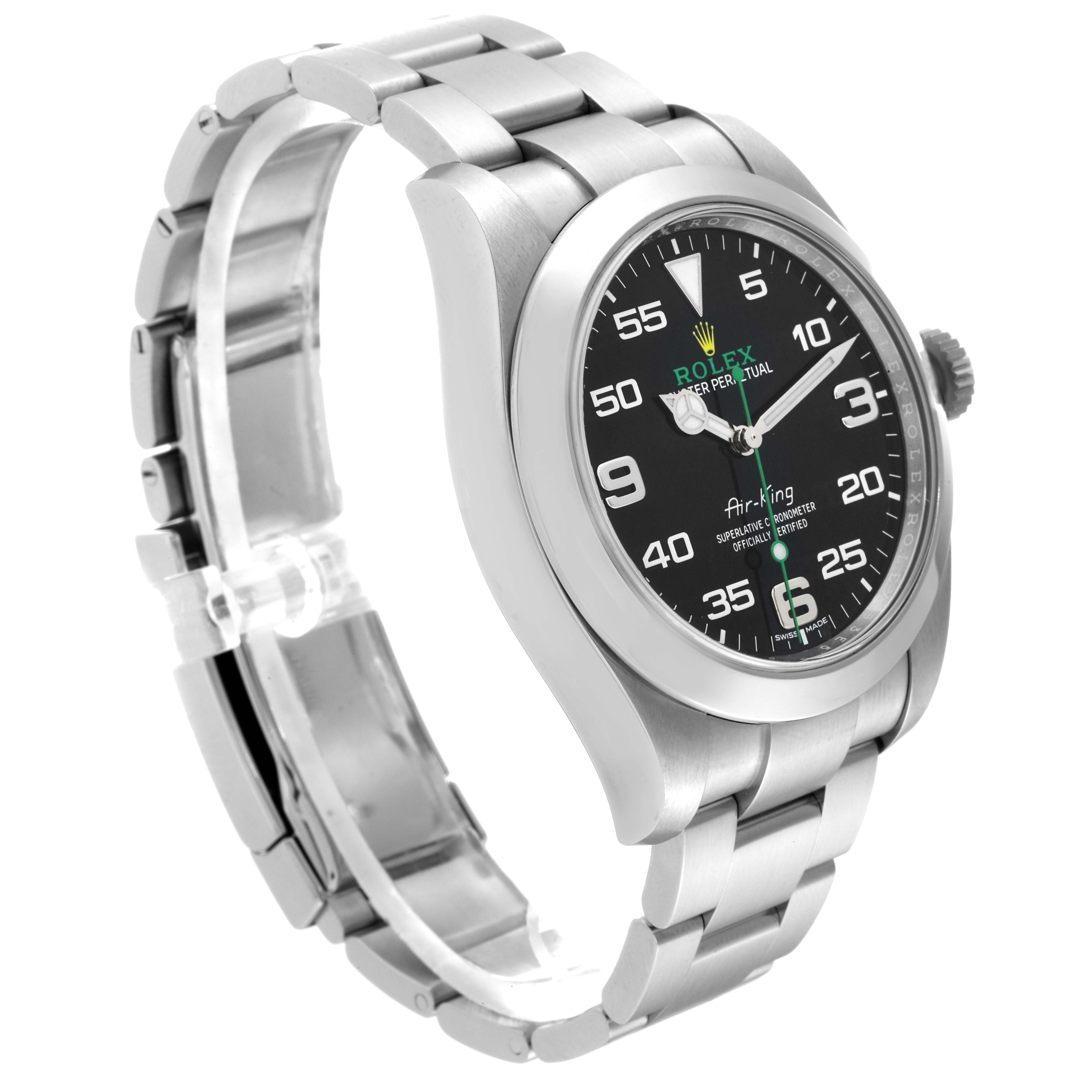 This image shows a side angle of the Rolex Air-King 116900 Men's Stainless Steel Black Dial 116900 Men's Stainless Steel Black Dial watch, highlighting its bracelet, case, and dial.