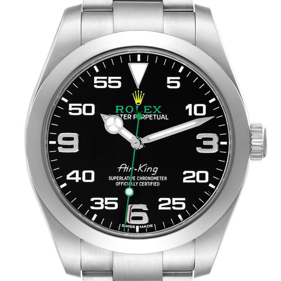 The image shows a front view of the Rolex Air-King watch, highlighting the dial, hands, and part of the bracelet.