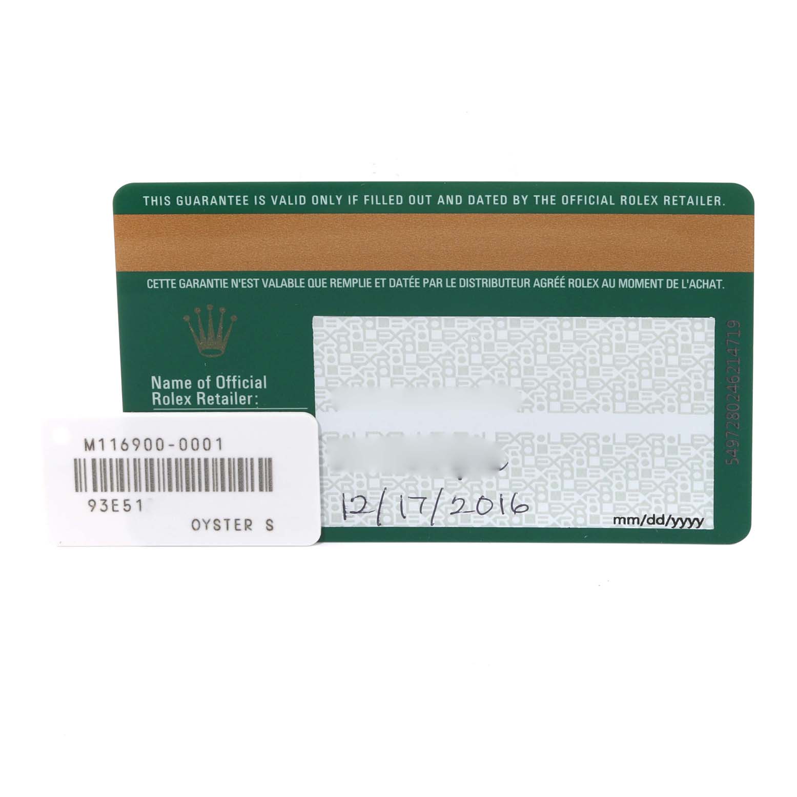 This image shows a warranty card and a tag for the Rolex Air-King 116900 Men's Stainless Steel Black Dial 116900 Men's Stainless Steel Black Dial model.