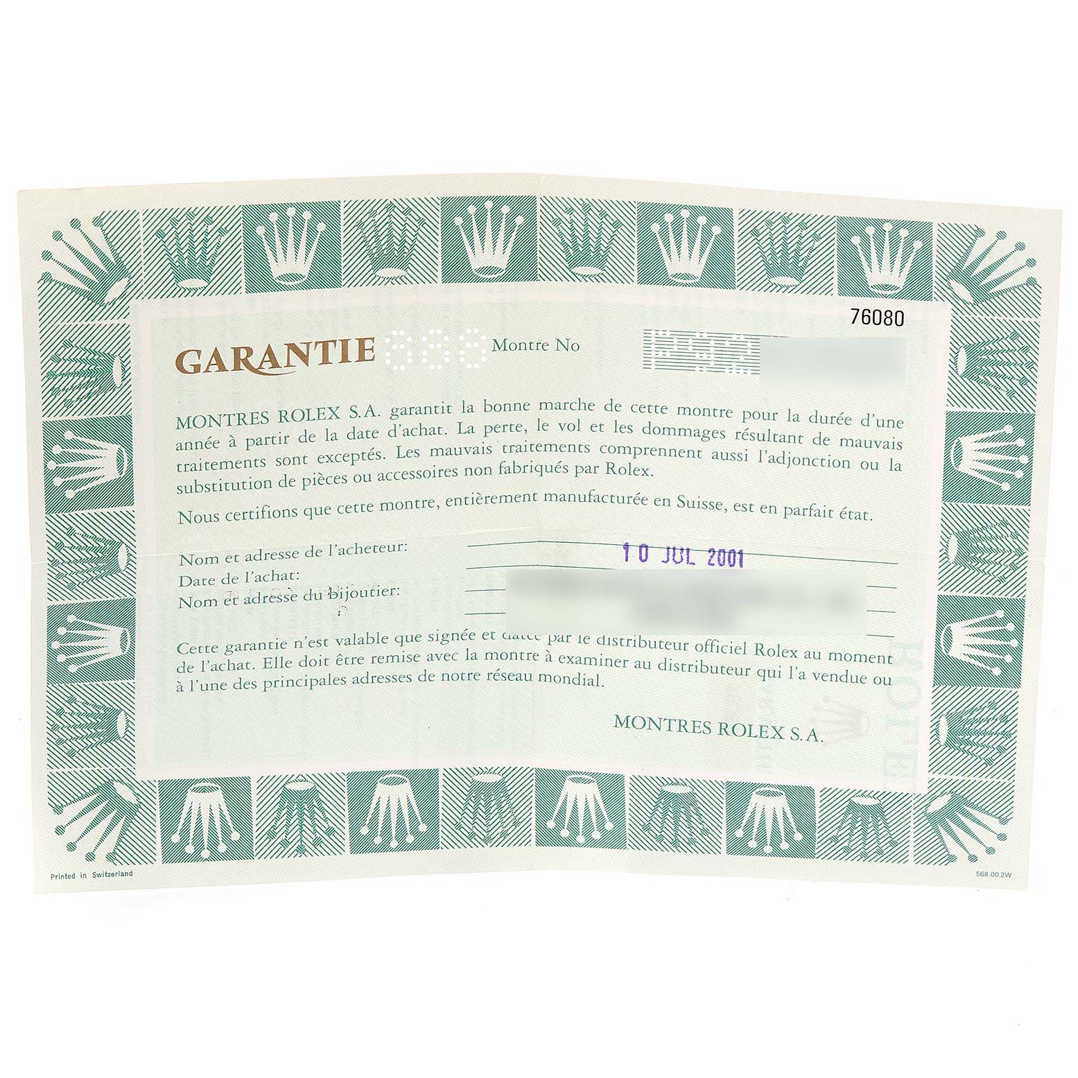 This is a warranty card for a Rolex Oyster Perpetual 76080 Women's Stainless Steel Black Dial 76080 Women's Stainless Steel Black Dial watch, displaying purchase details and authentication.