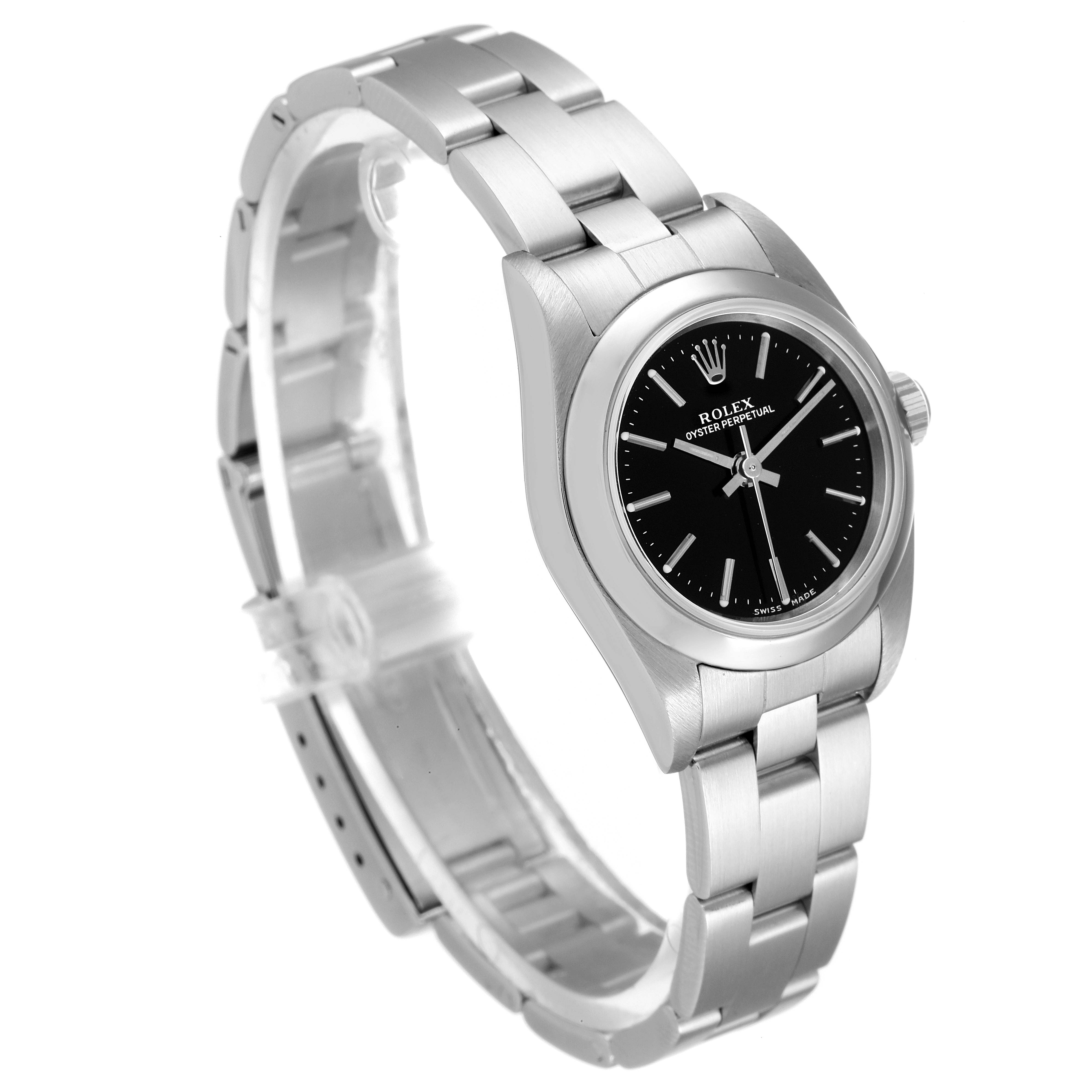 The image shows a side and front angle of the Rolex Oyster Perpetual 76080 Women's Stainless Steel Black Dial 76080 Women's Stainless Steel Black Dial watch, including its bracelet and black dial.