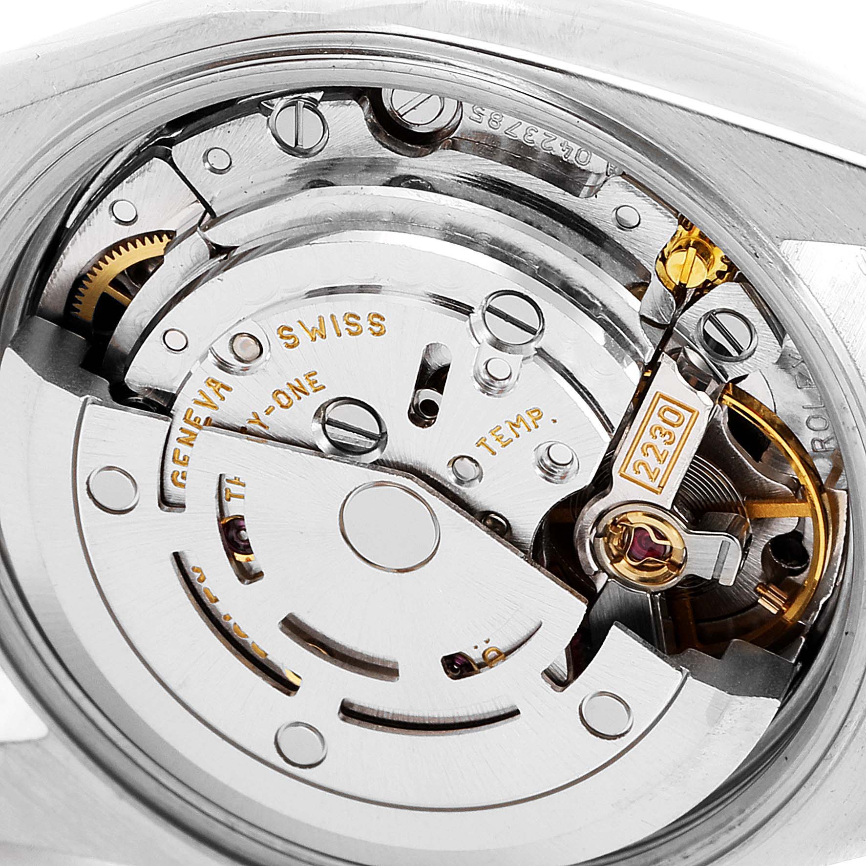 This image shows a close-up view of the movement mechanism inside a Rolex Oyster Perpetual 76080 Women's Stainless Steel Black Dial 76080 Women's Stainless Steel Black Dial watch.