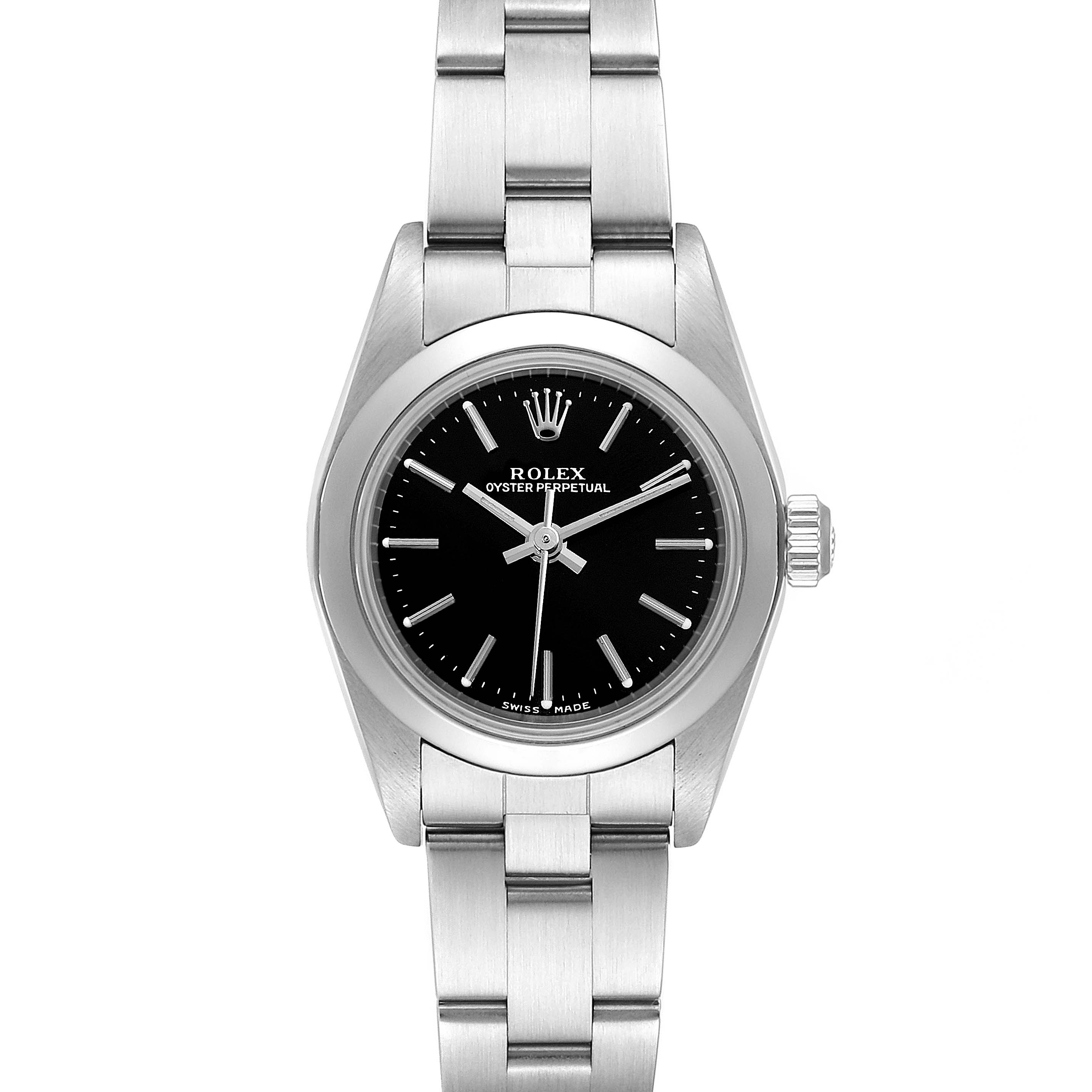 This image shows a front view of a Rolex Oyster Perpetual 76080 Women's Stainless Steel Black Dial 76080 Women's Stainless Steel Black Dial watch, displaying the face, bezel, and bracelet.