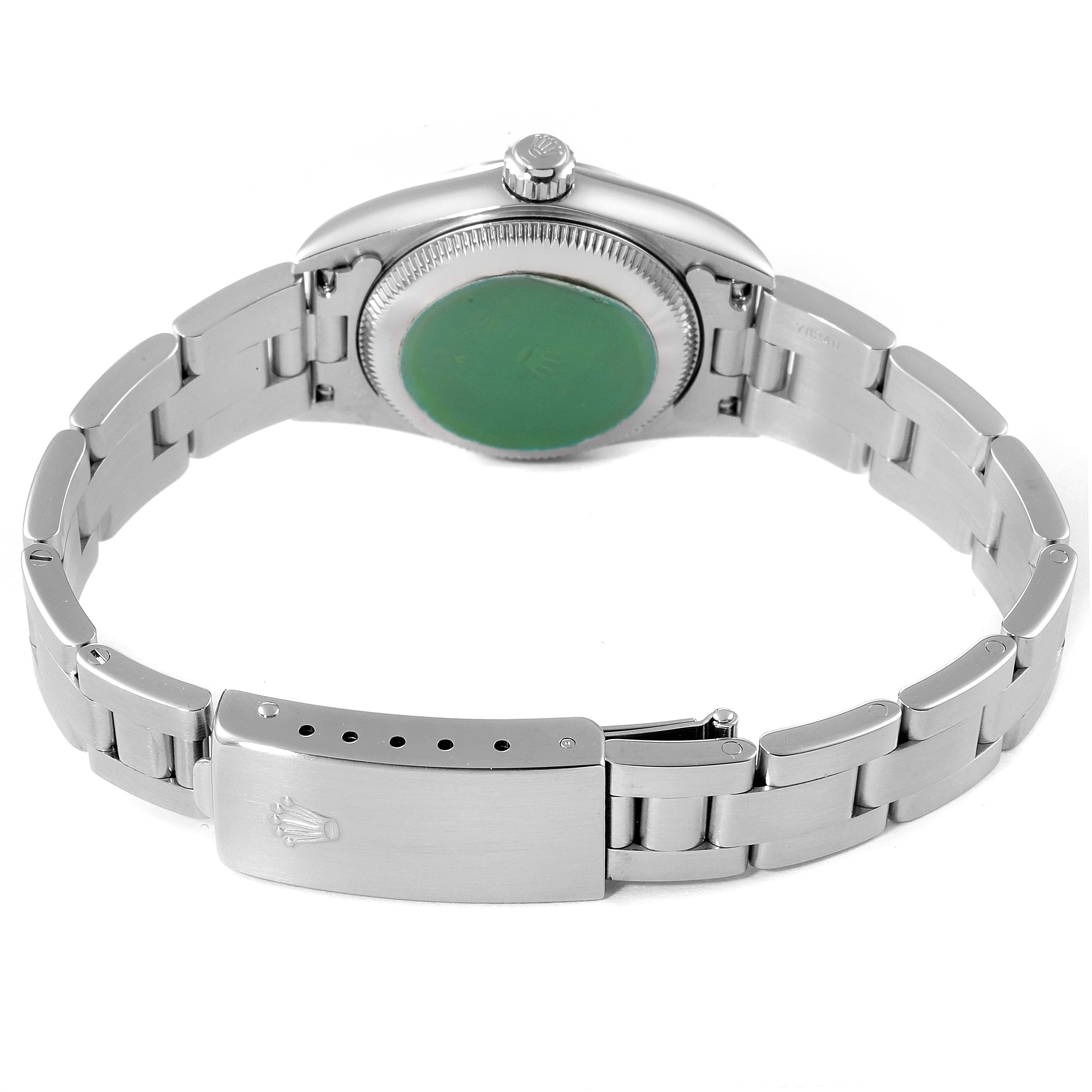 This image shows the back view of the Rolex Oyster Perpetual 76080 Women's Stainless Steel Black Dial 76080 Women's Stainless Steel Black Dial watch, highlighting the stainless steel bracelet and clasp.