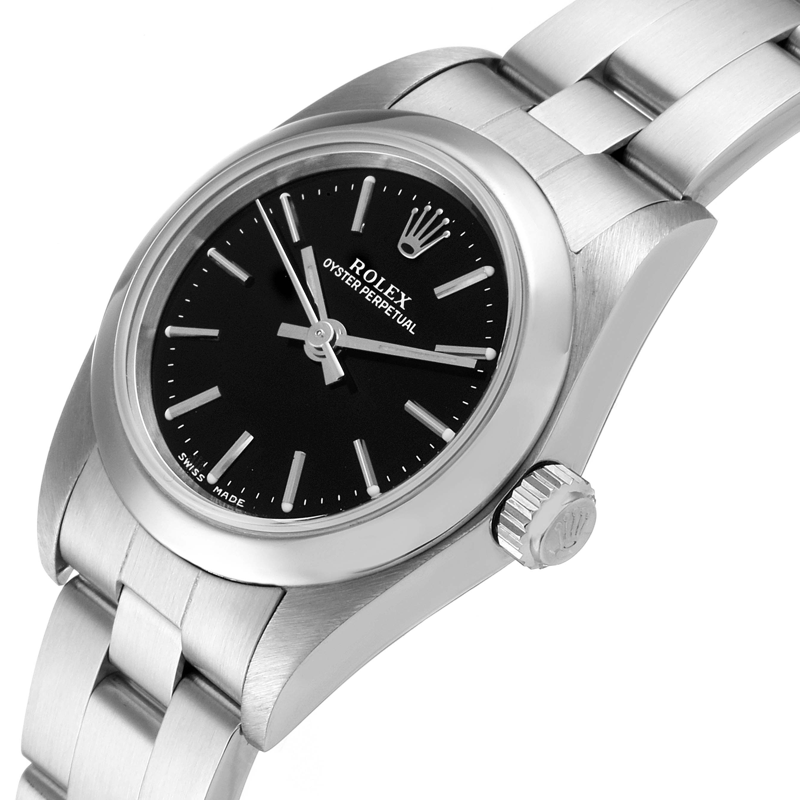 The image shows a close-up angled view of the Rolex Oyster Perpetual 76080 Women's Stainless Steel Black Dial 76080 Women's Stainless Steel Black Dial's face, crown, and part of its metal bracelet.