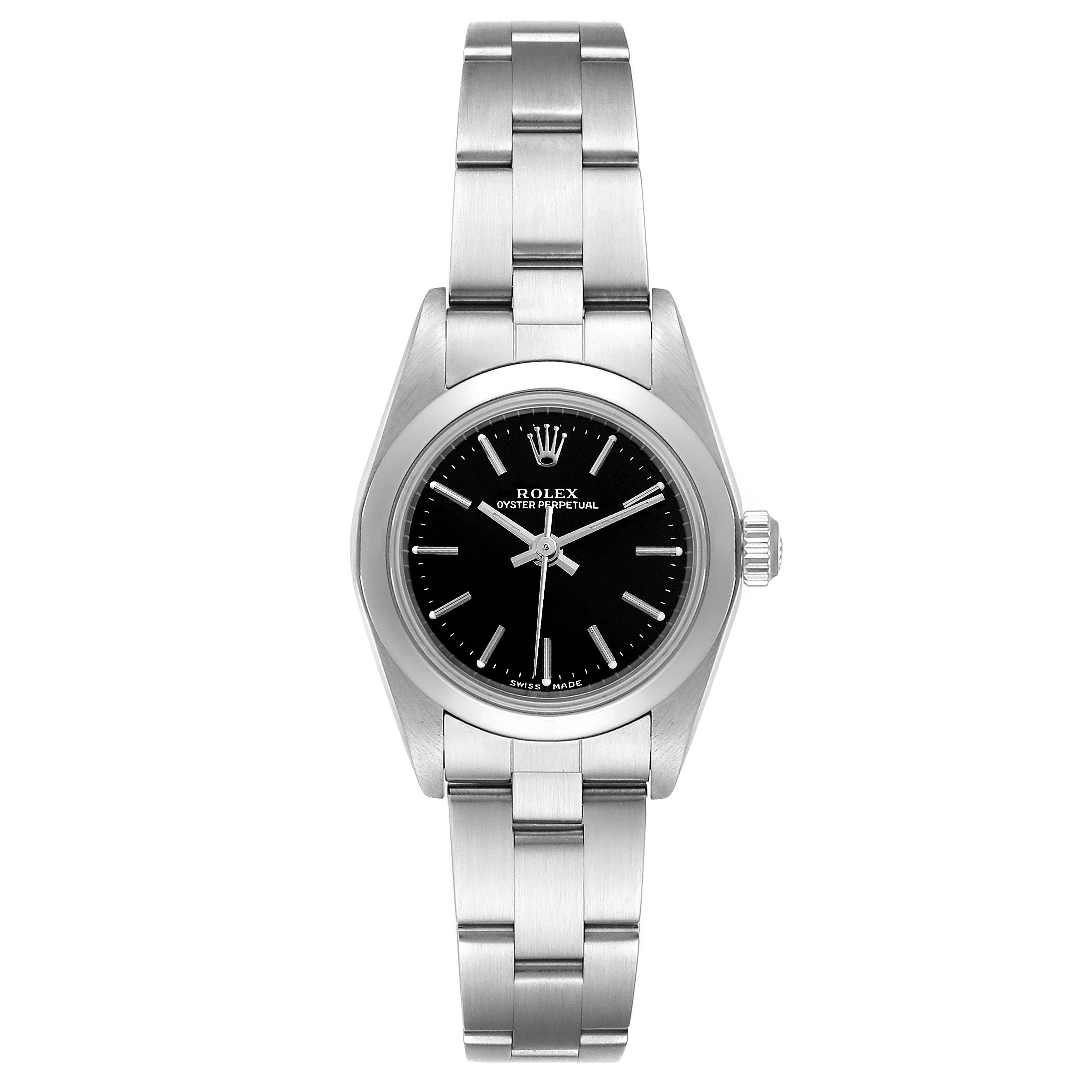 This image shows a front view of a Rolex Oyster Perpetual 76080 Women's Stainless Steel Black Dial 76080 Women's Stainless Steel Black Dial watch, including the dial, bezel, bracelet, and crown.