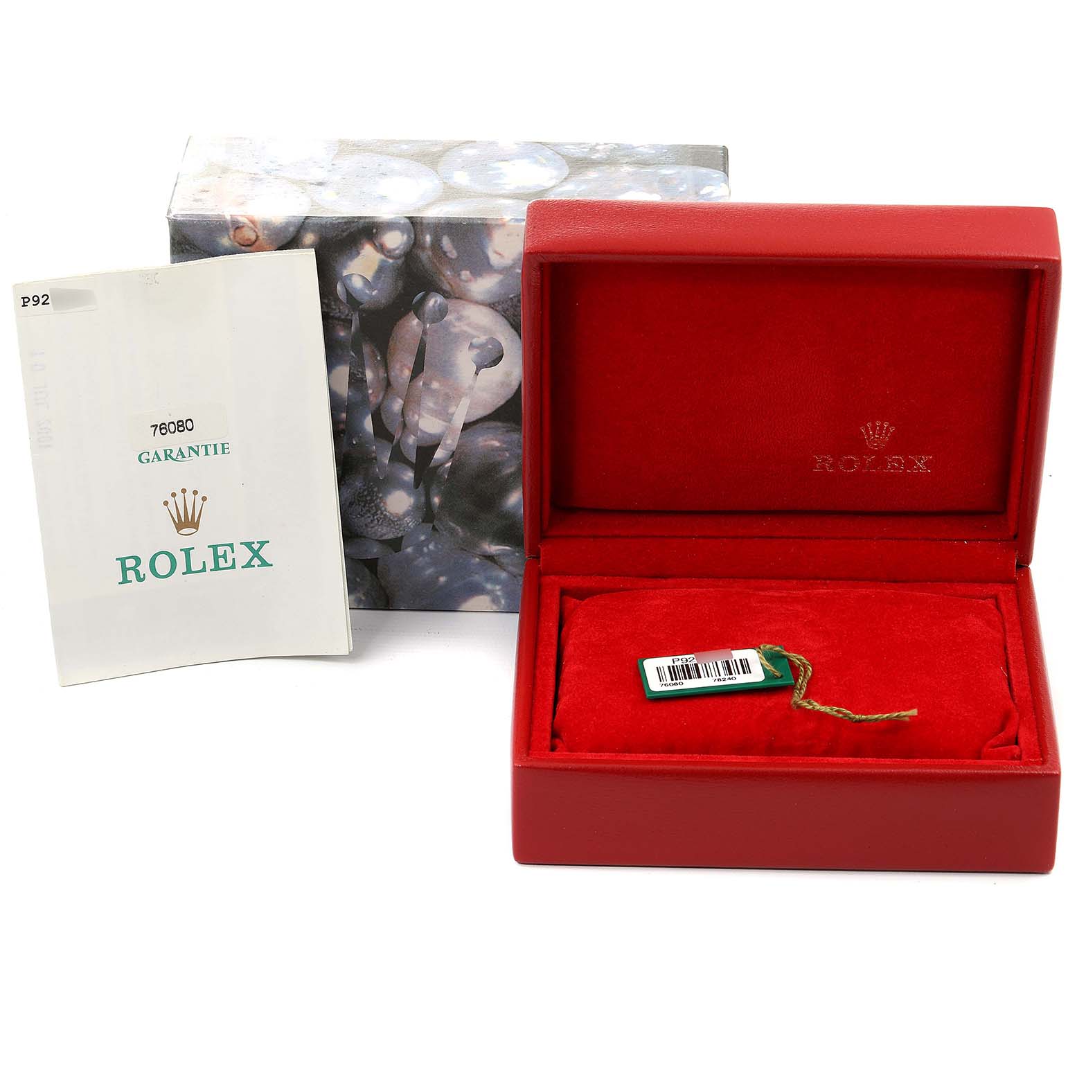 The image shows a Rolex Oyster Perpetual 76080 Women's Stainless Steel Black Dial 76080 Women's Stainless Steel Black Dial watch box, warranty card, and outer packaging.