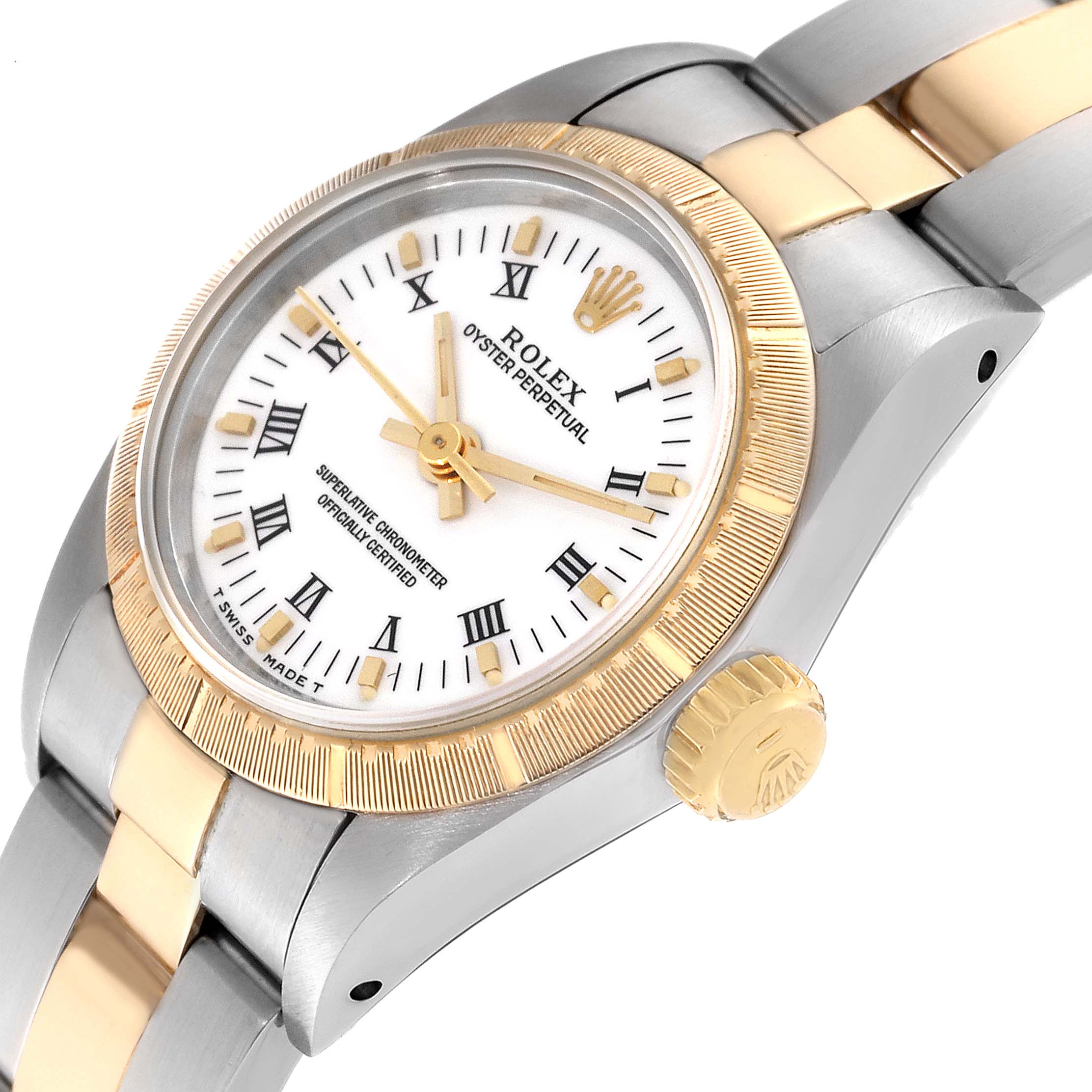 This image shows a close-up angle of the Rolex Oyster Perpetual 67243 Women
s Steel and Gold (two tone) White Dial 67243 Women
s Steel and Gold (two tone) White Dial watch, highlighting its dial, bezel, and crown.