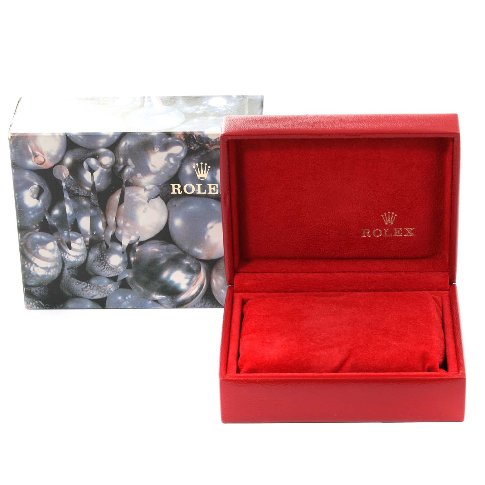 The image shows the packaging for a Rolex Oyster Perpetual 67243 Women
s Steel and Gold (two tone) White Dial 67243 Women
s Steel and Gold (two tone) White Dial watch, including a decorative outer box and an open red velvet-lined inner box.