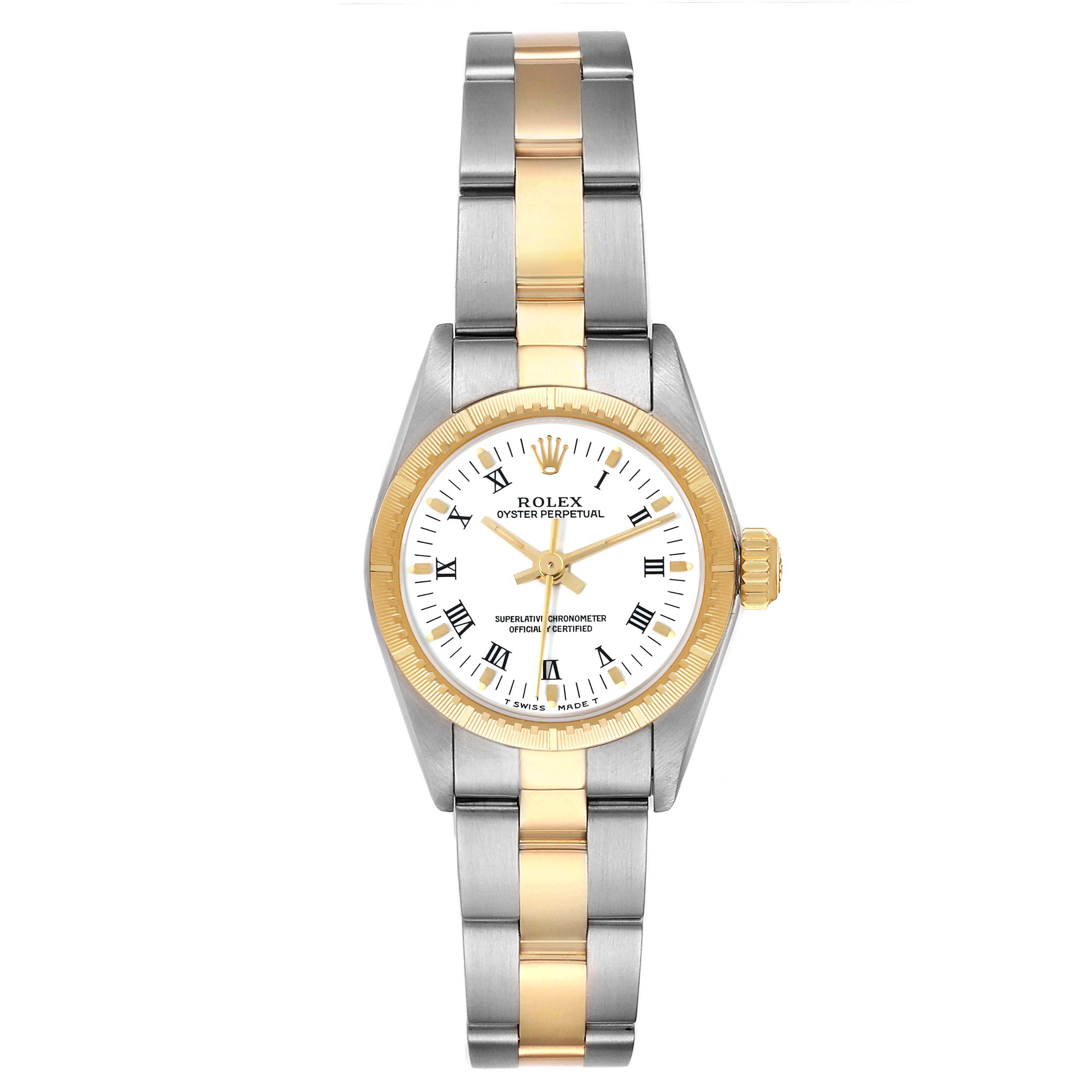 This image shows a Rolex Oyster Perpetual 67243 Women
s Steel and Gold (two tone) White Dial 67243 Women
s Steel and Gold (two tone) White Dial watch with a two-tone silver and gold bracelet, white dial, and gold bezel.