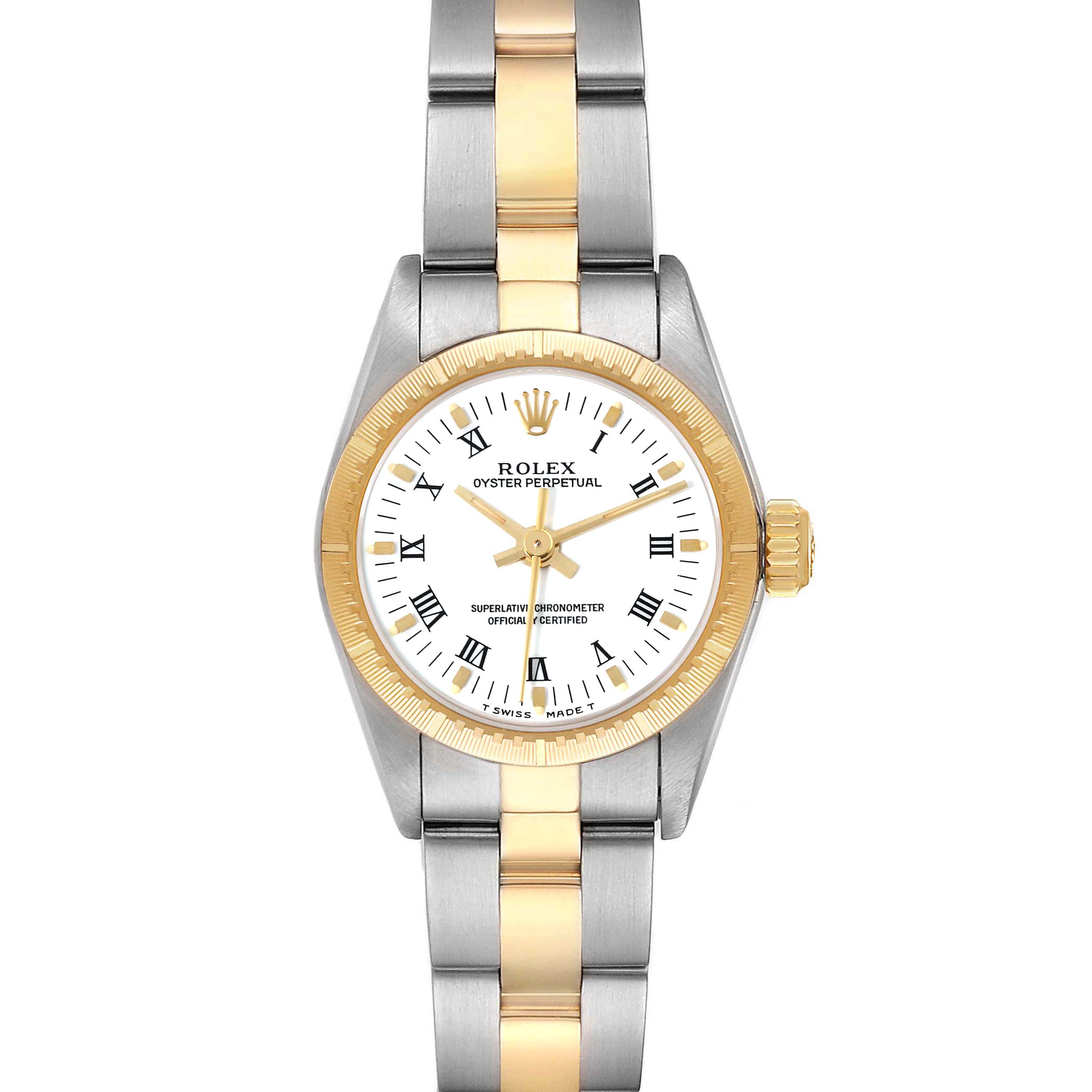 The image shows a front view of a Rolex Oyster Perpetual 67243 Women
s Steel and Gold (two tone) White Dial 67243 Women
s Steel and Gold (two tone) White Dial watch displaying the face, bezel, and two-tone bracelet.