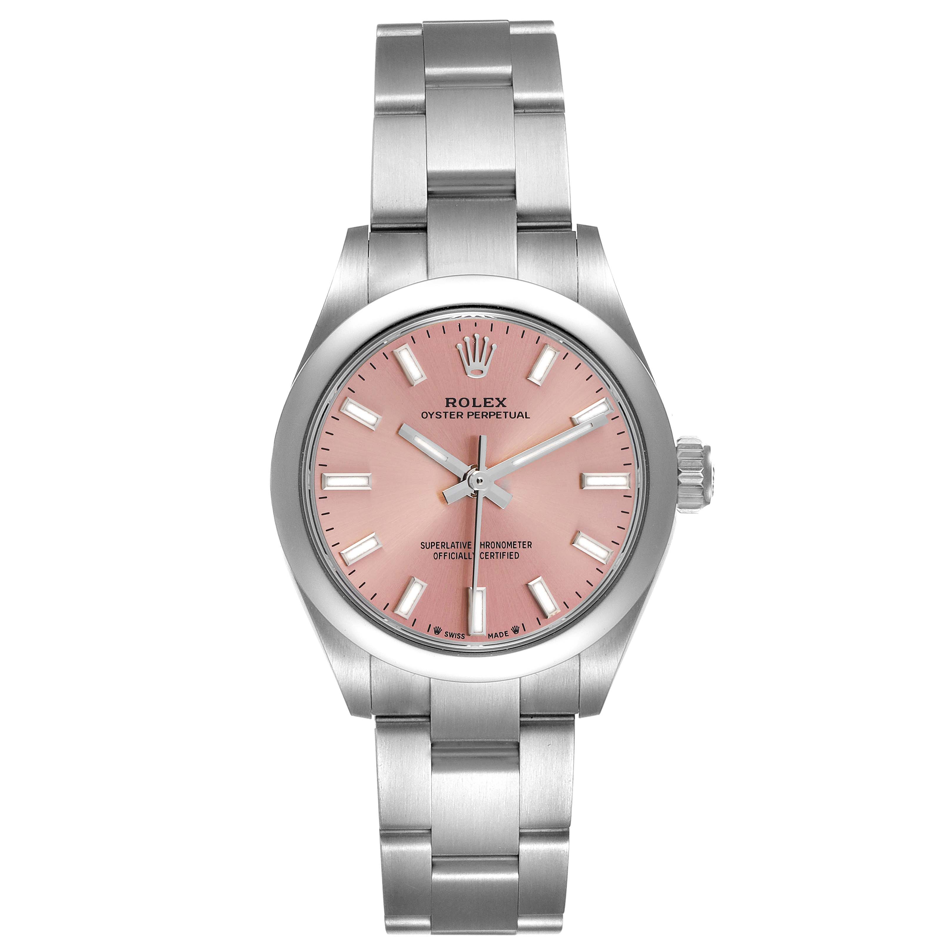 The Rolex Oyster Perpetual 276200 Women
s Stainless Steel Pink Dial 276200 Women
s Stainless Steel Pink Dial watch is shown from the front, displaying its pink dial, silver hands, and bracelet.