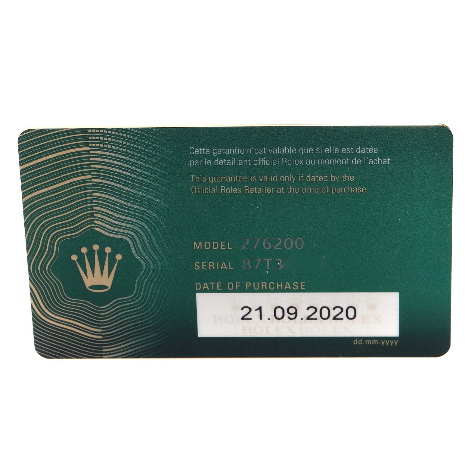 The image shows a warranty card for a Rolex Oyster Perpetual 276200 Women
s Stainless Steel Pink Dial 276200 Women
s Stainless Steel Pink Dial Model 276200 with the purchase date of 21.09.2020.